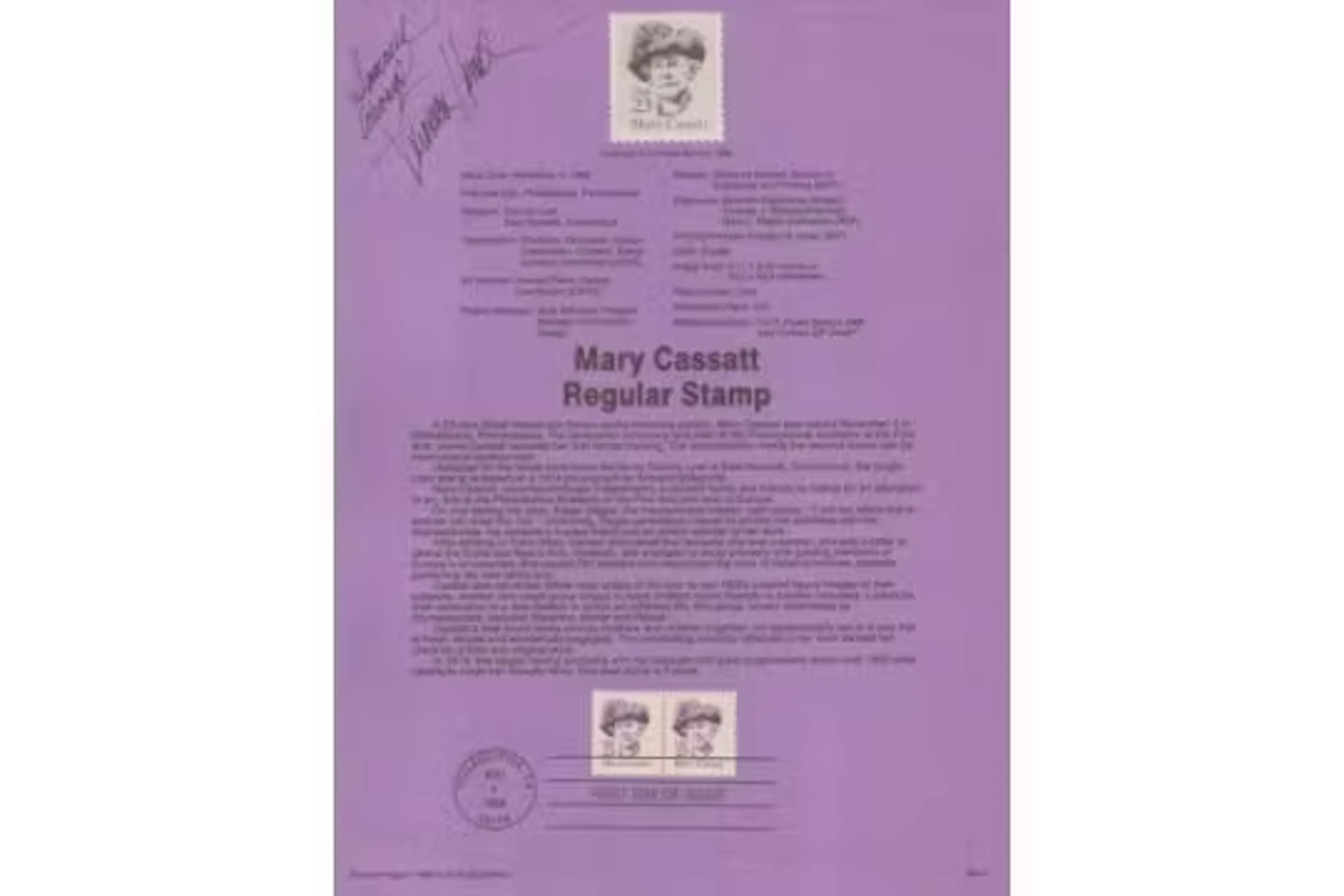 Veronica Hamel signed Mary Cassatt regular stamp sheet. Good condition
