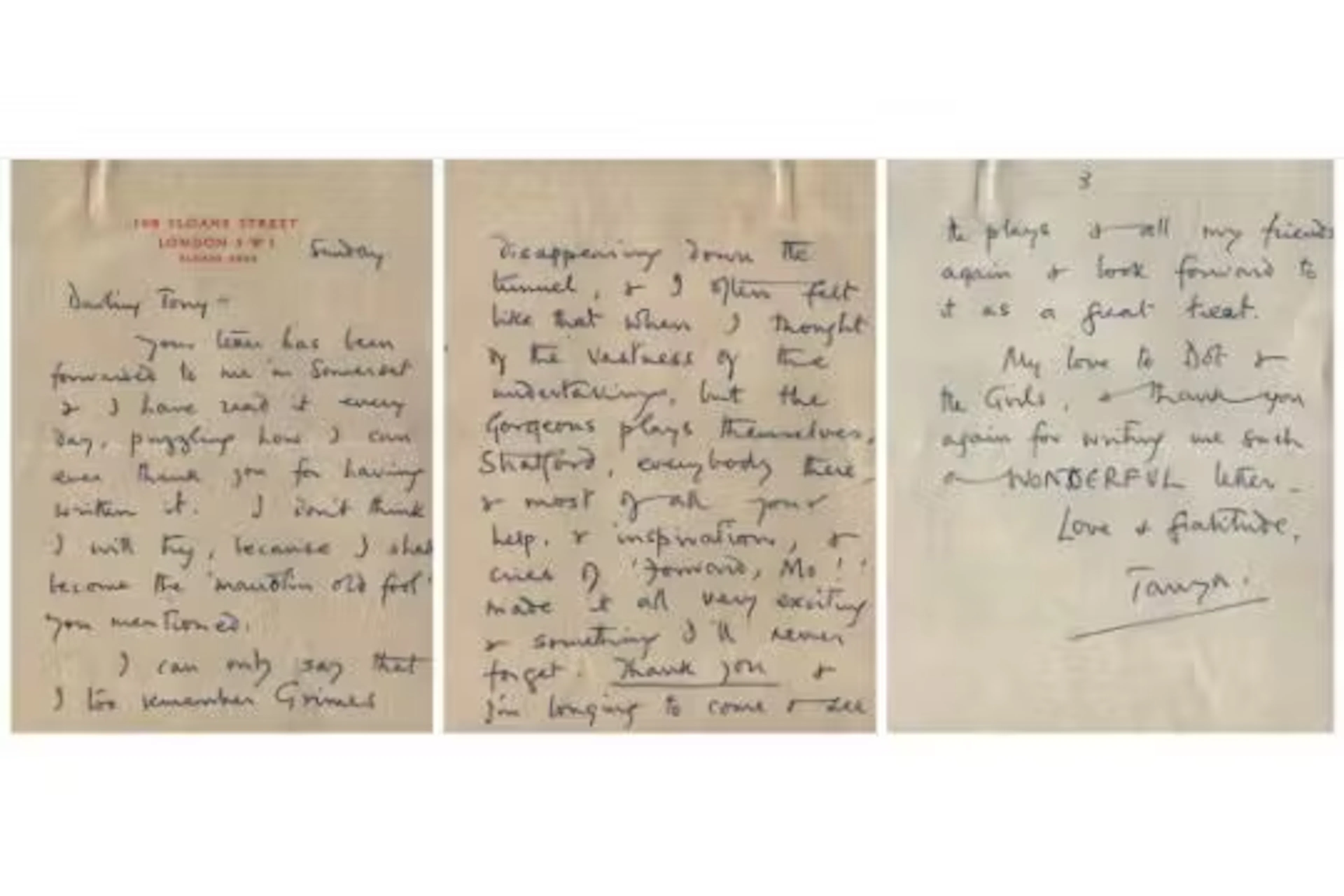 Tanya Moiseiwitsch ALS handwritten letter, a costume design drawing