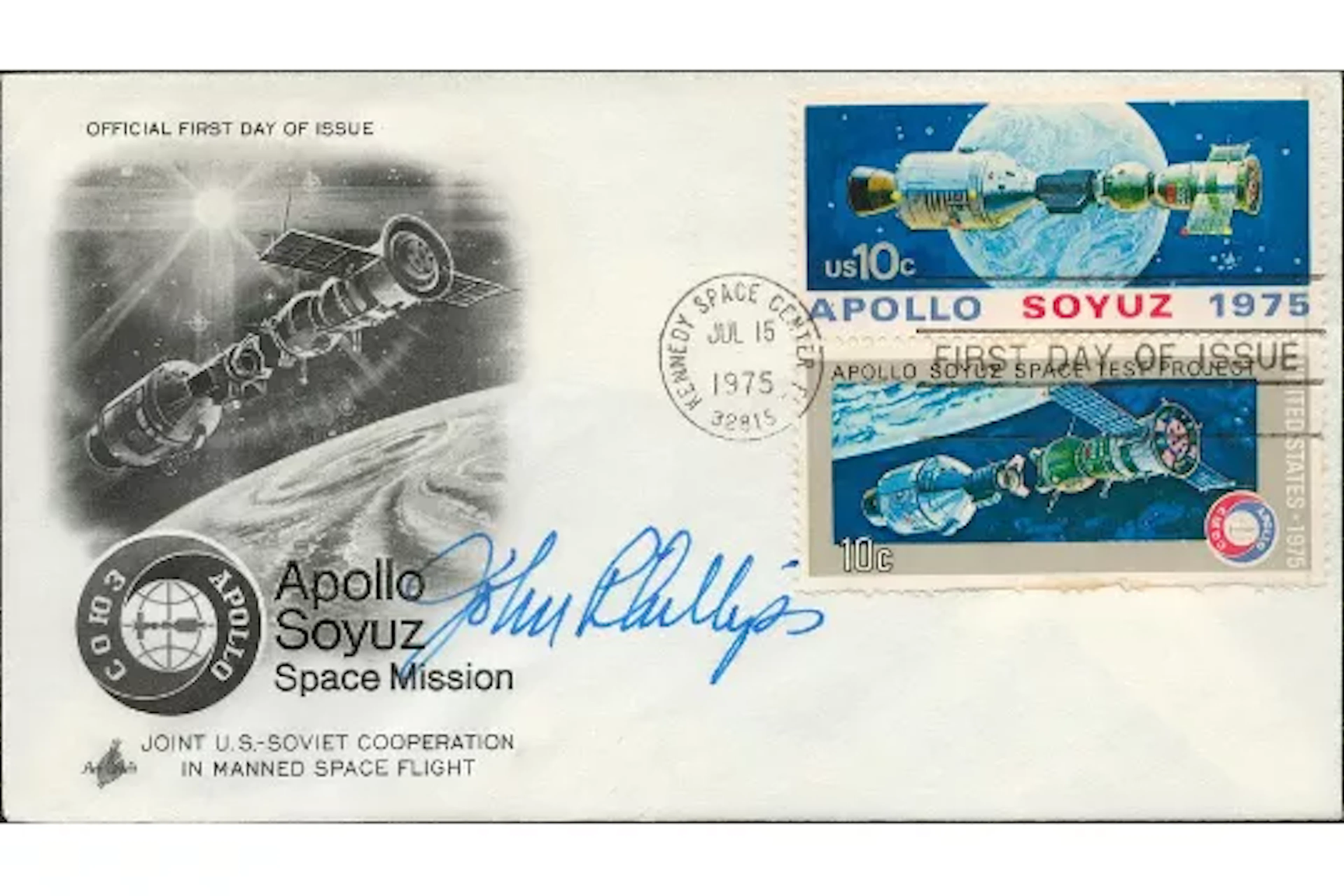 Astronaut John Phillips signed Apollo Soyuz Space Mission FDC PM Kennedy