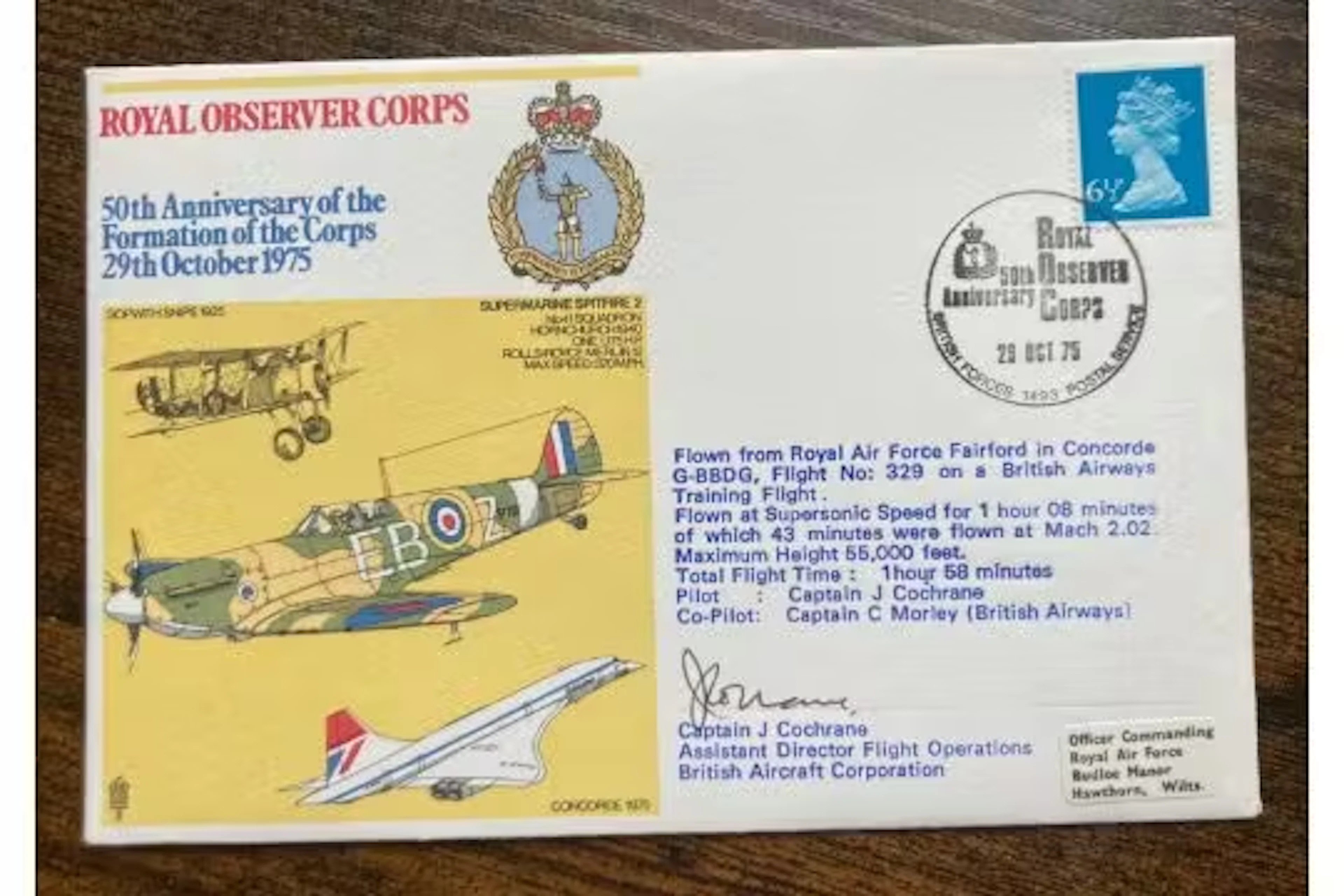 Concorde Capt John Cochrane signed 1975 Royal Observer Corps cover