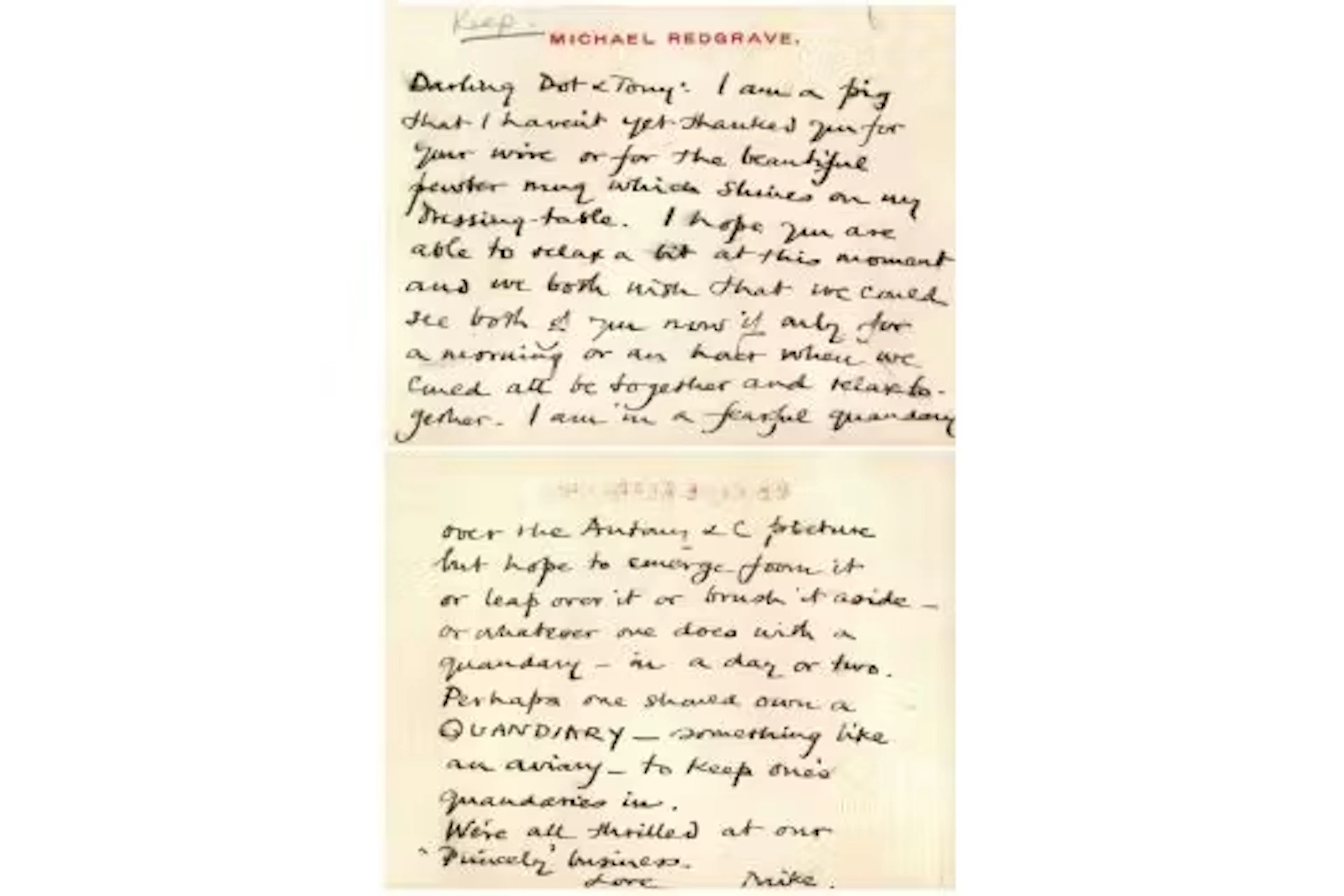 Michael Redgrave handwritten headed card To Dot & Anthony Quayle.