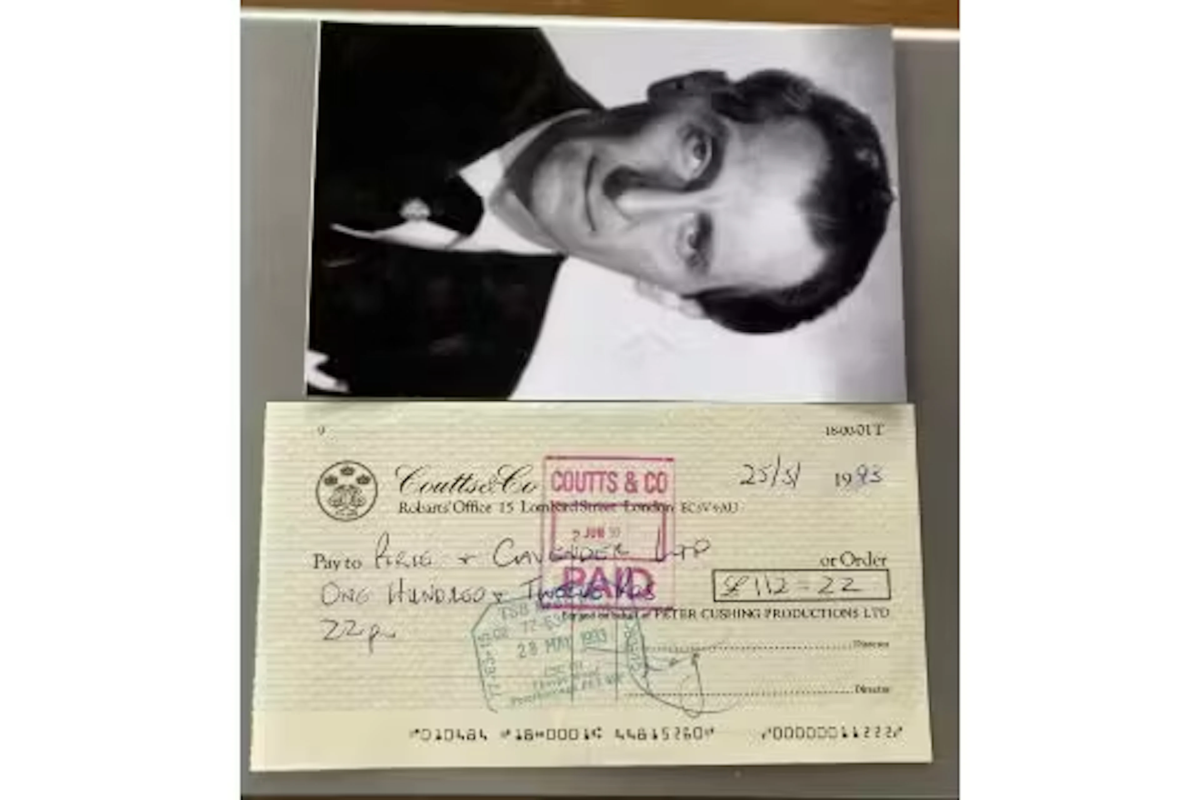 Peter Cushing vintage signed Bank Cheque 1993, Coutts and Co £112.