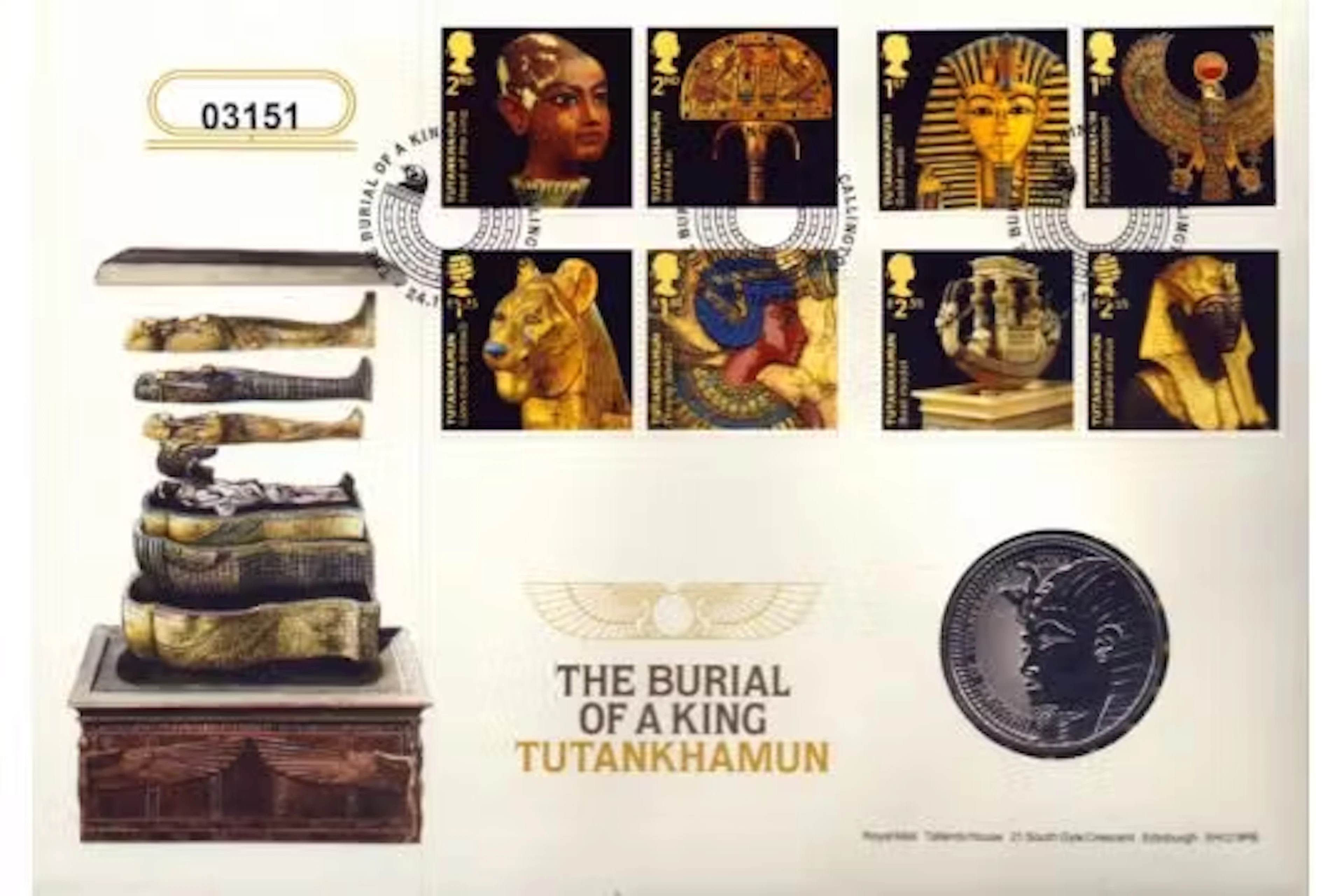 The Burial of A King Tutankhamun coin FDC. Numbered 03151. Good condition.