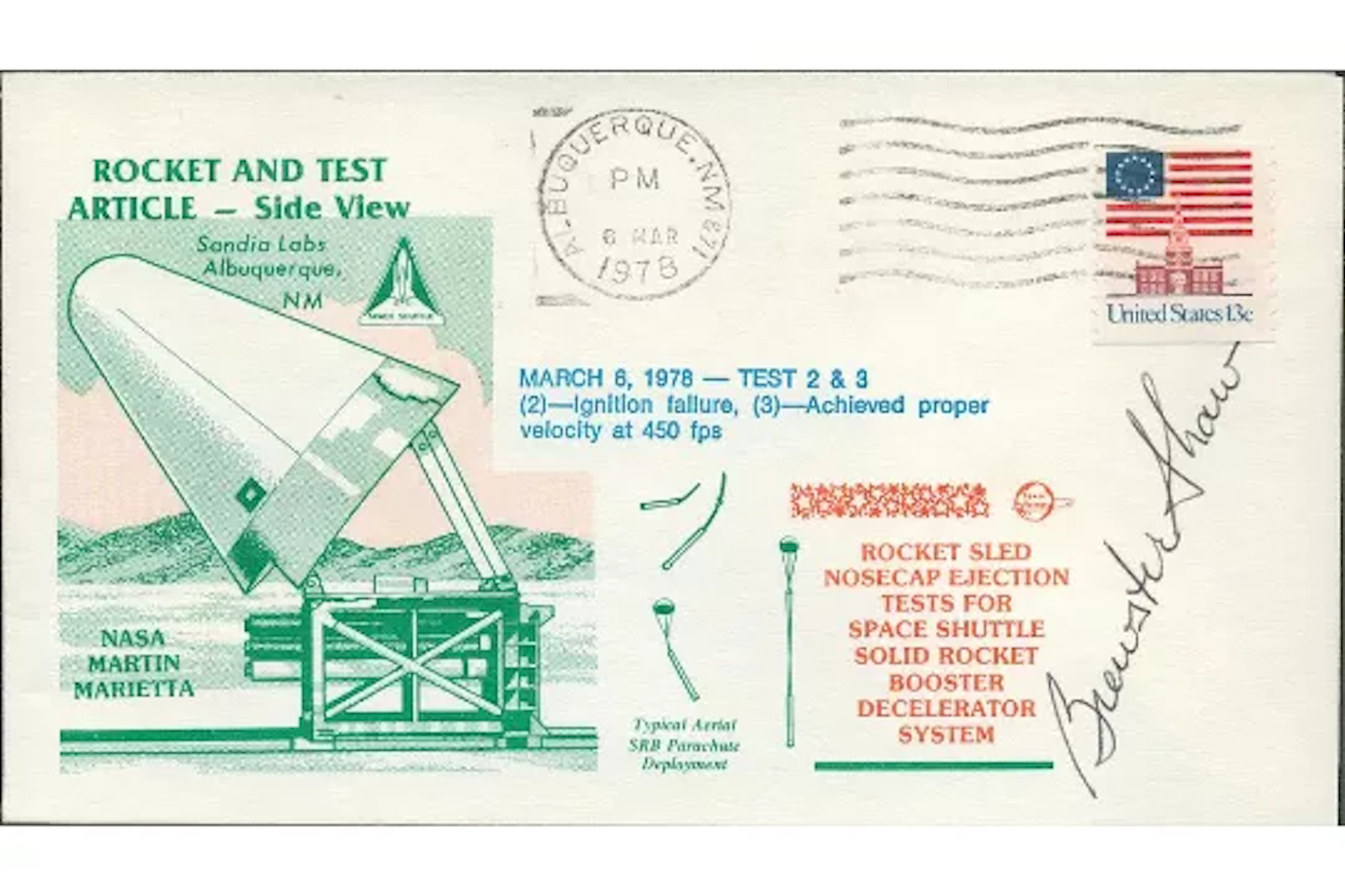 Astronaut Brewster Shaw signed Rocket and Test Article FDC pm BUQUERQUE