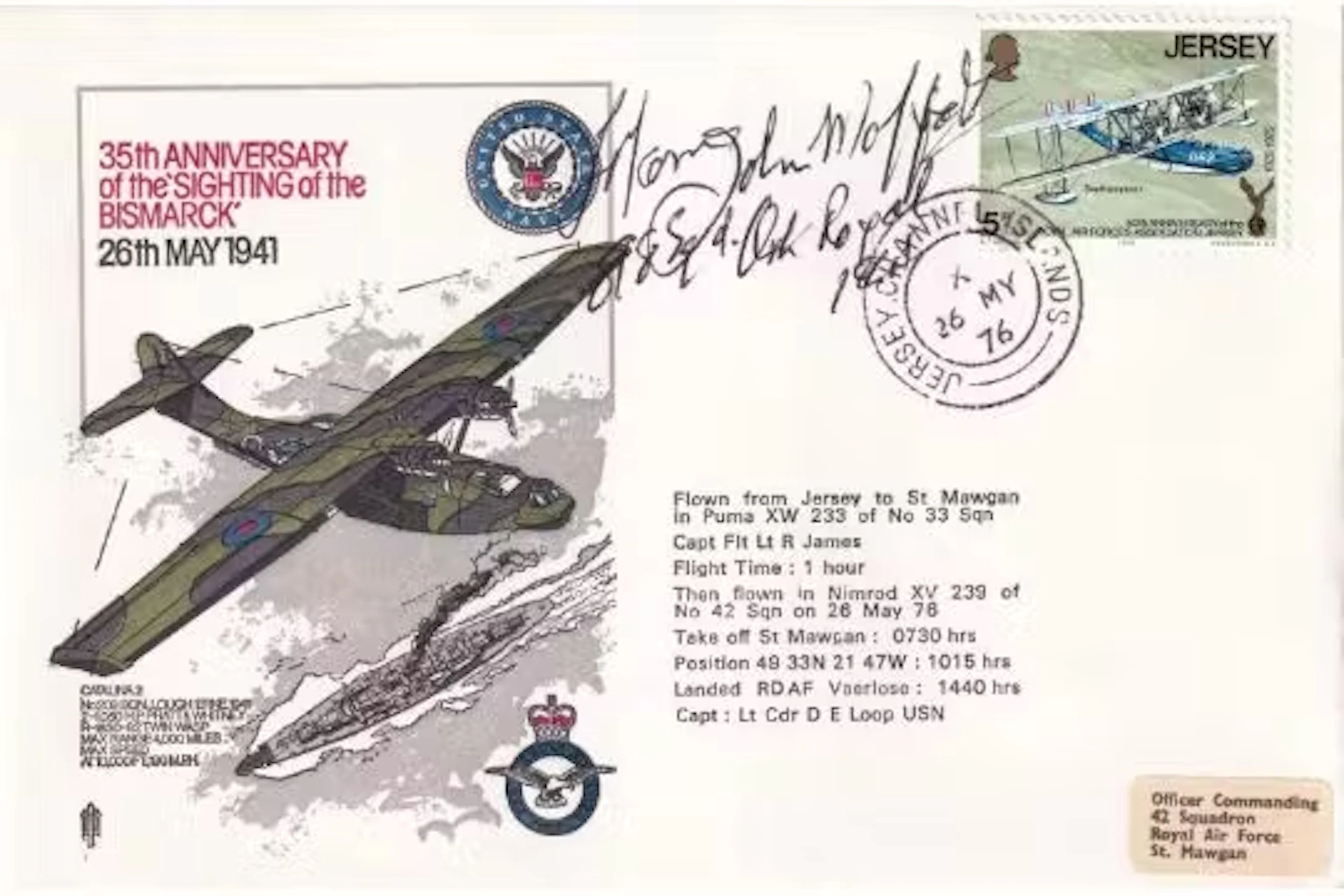 Sighting of the Bismarck Signed Pilot John Moffat whose Torpedo hit