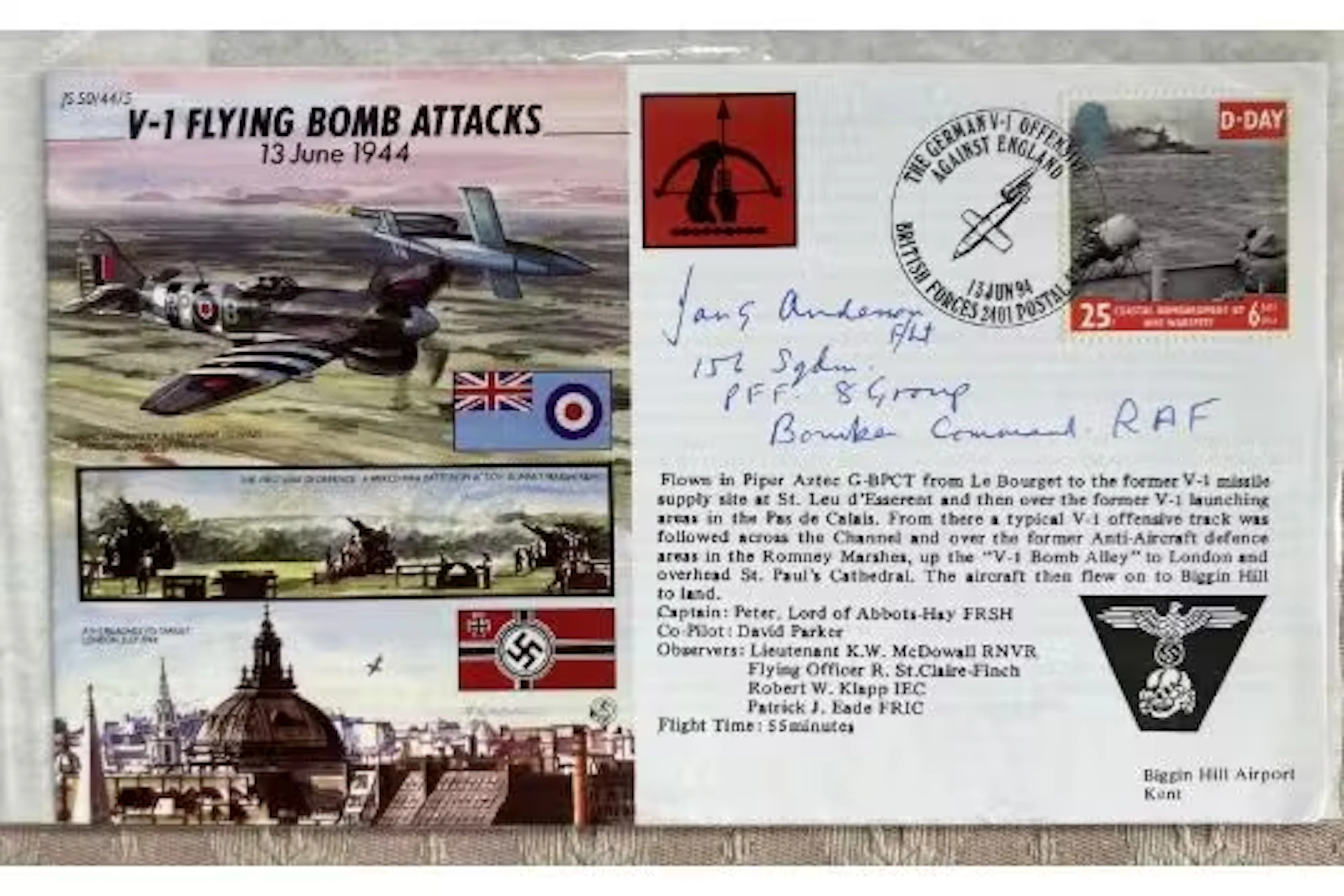 WW2 cover JS50/44/5b V1 Flying Attacks signed I G Anderson 156 Sqd