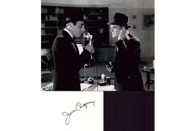 James Cagney signed white card with four unsigned 4x4 black and white