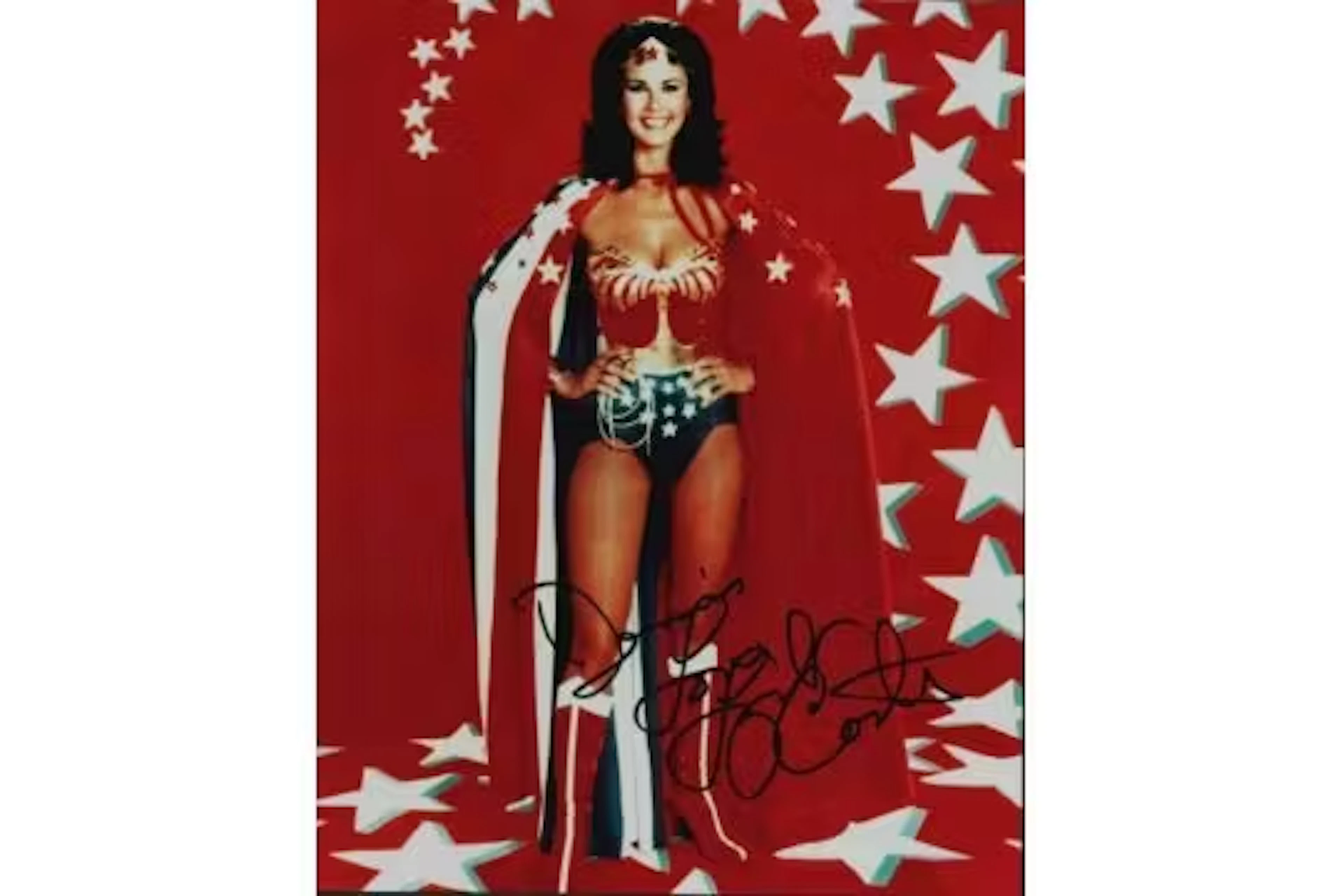 Lynda Carter as Wonder Woman signed 10x8 inch colour photo. Good condition.