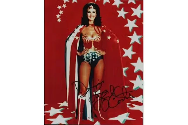 Lynda Carter as Wonder Woman signed 10x8 inch colour photo. Good condition.