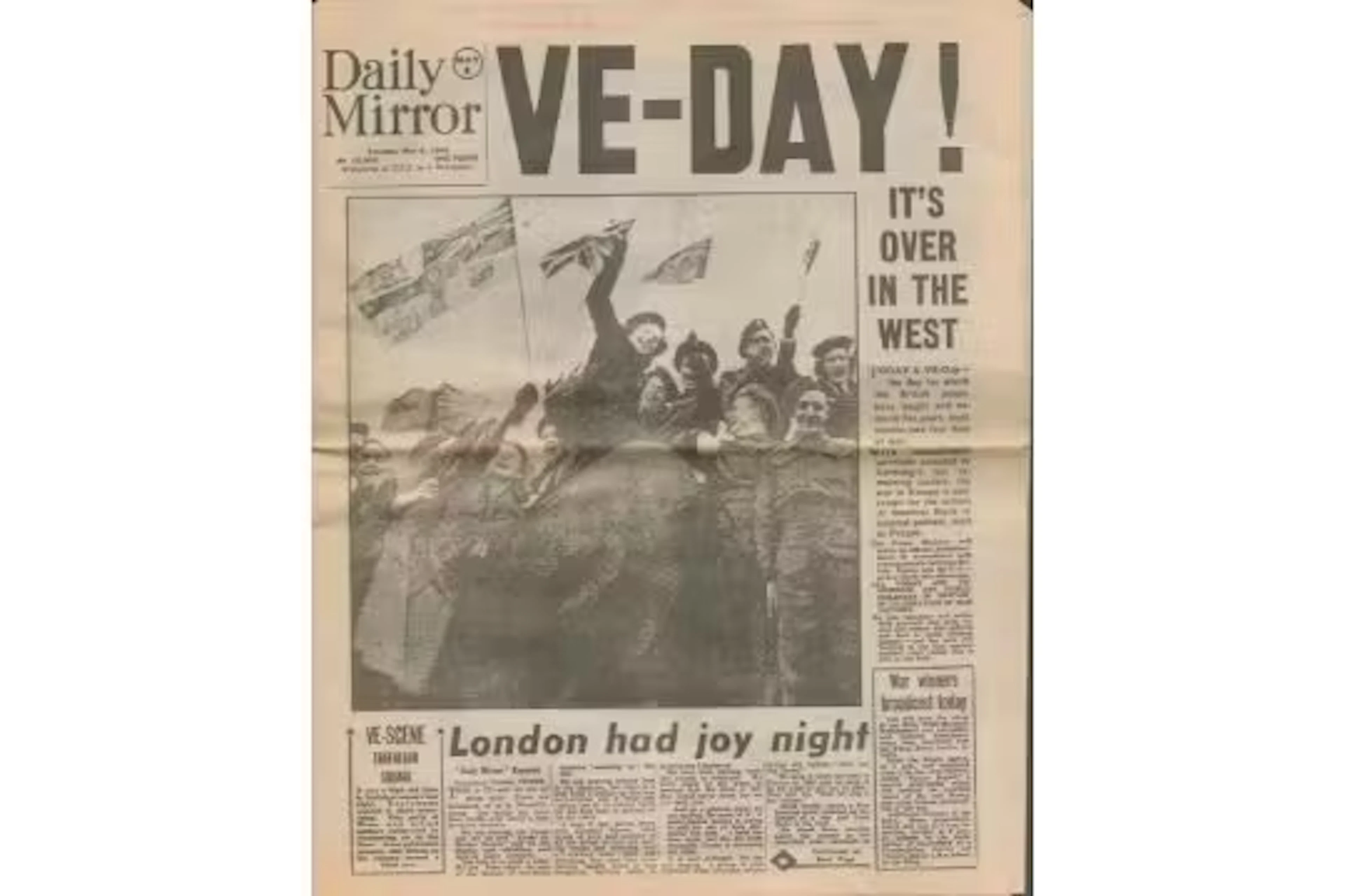 V.E-Day Newspaper report by The Daily Mirror Newspaper dated May 8th