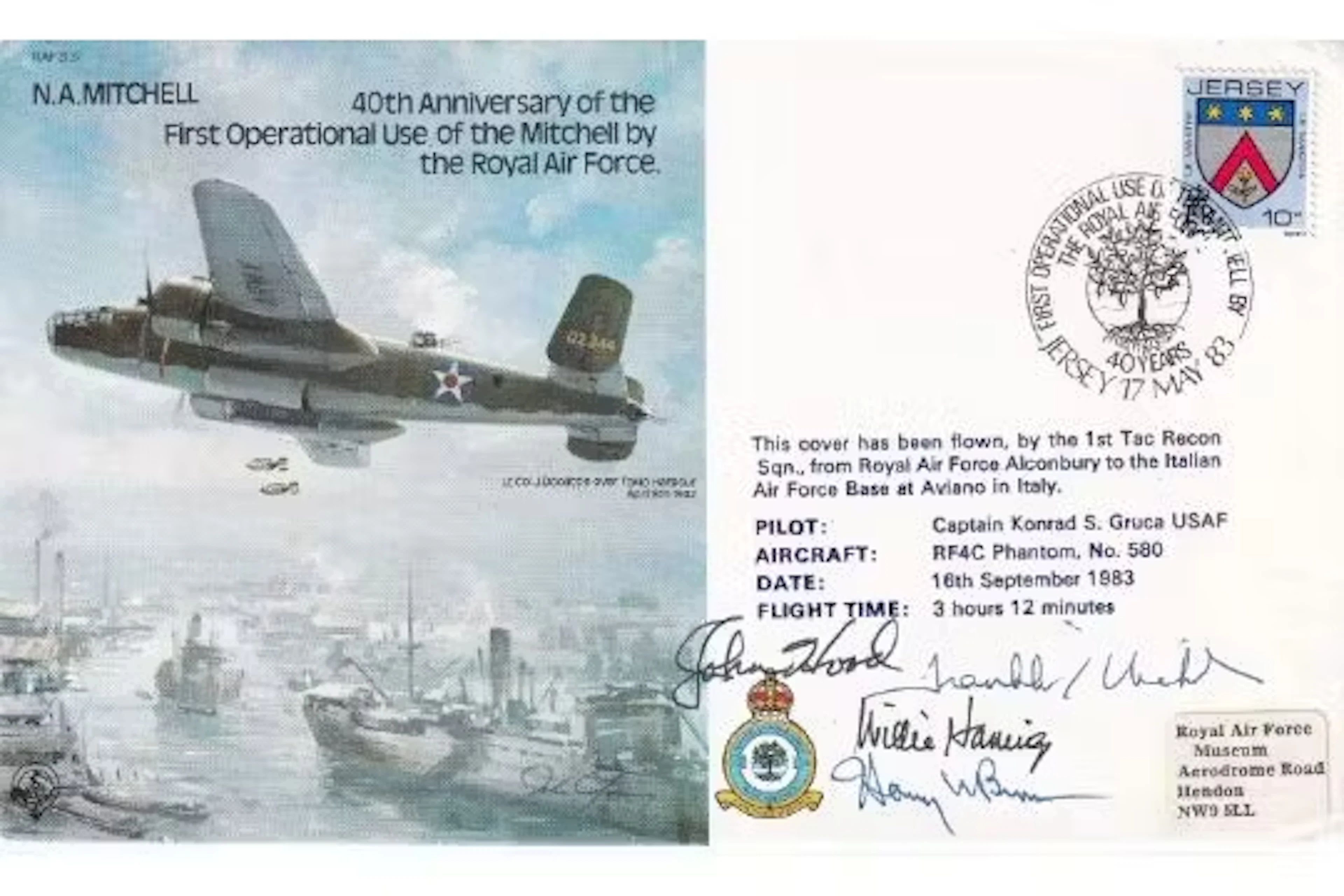 B37 Mitchell by RAF Signed 4 USA Fighter Pilots, RARE H Brown Pearl