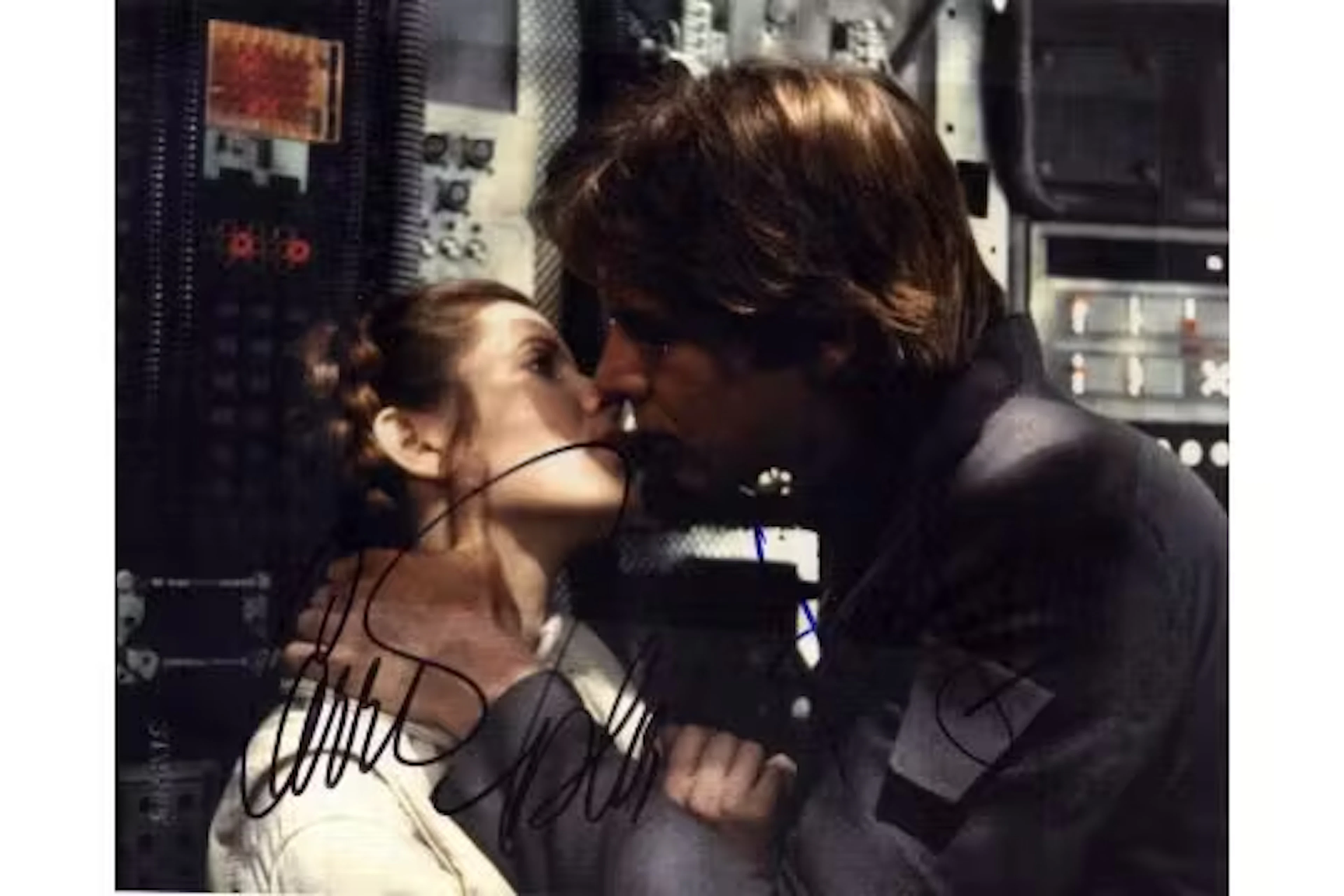 Carrie Fisher and Harrison Ford signed Star Wars 10x8inch colour photo.