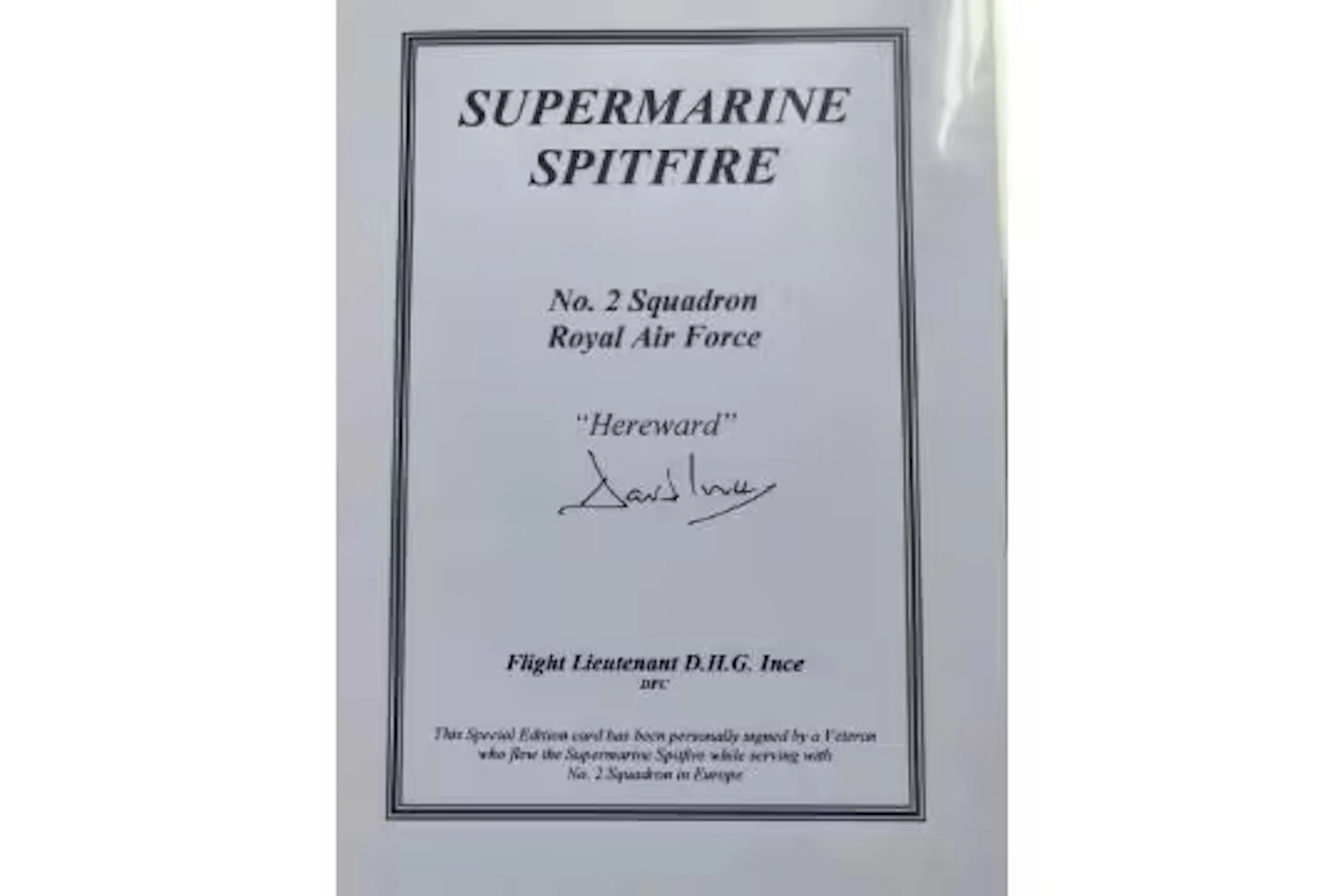 WW2 RAF pilot Flt Lt D H Ince DFC 2 Sqn signed Spitfire Bookplate.