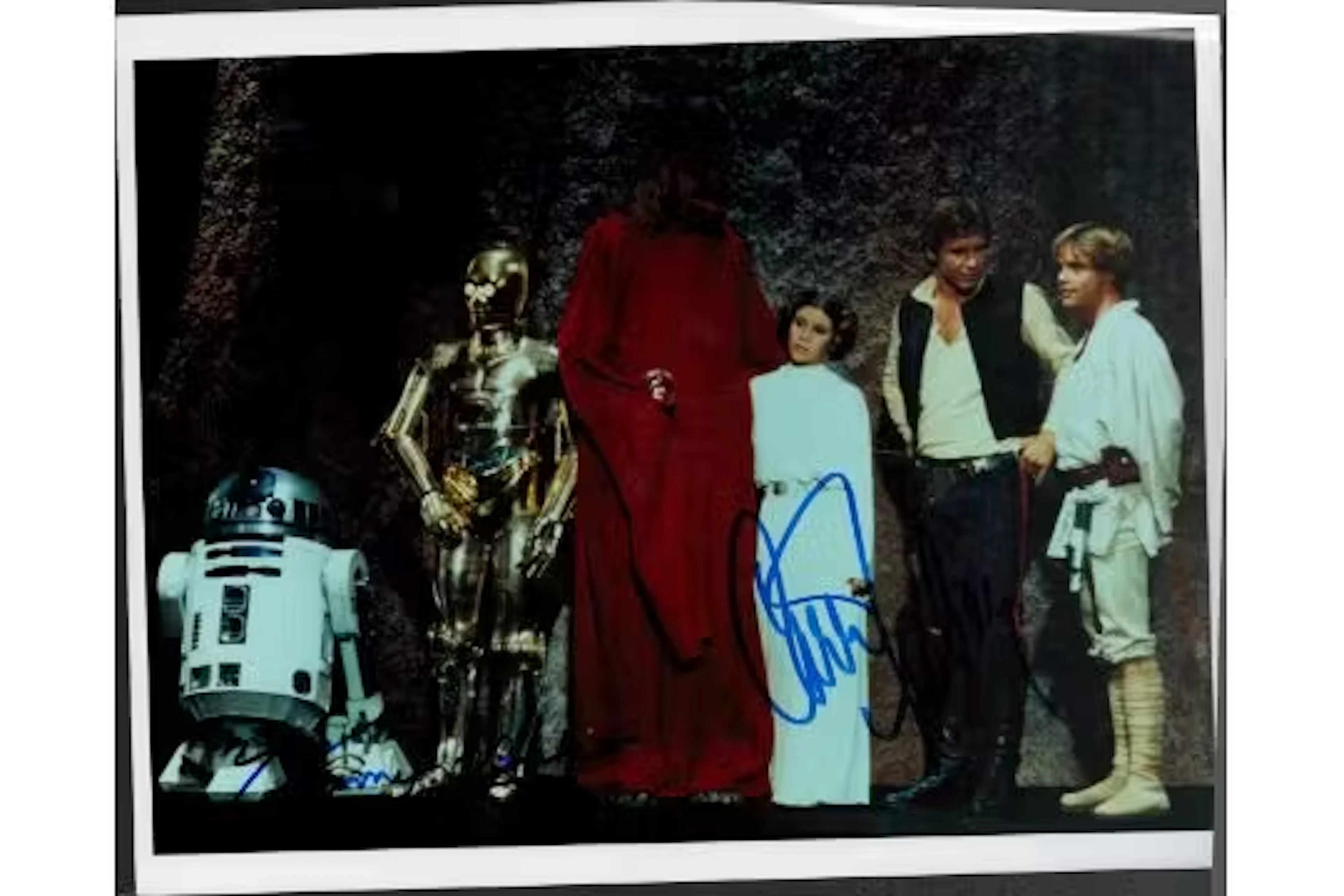 Carrie Fisher and Kenny Baker signed10x8inch colour photo. Good condition.