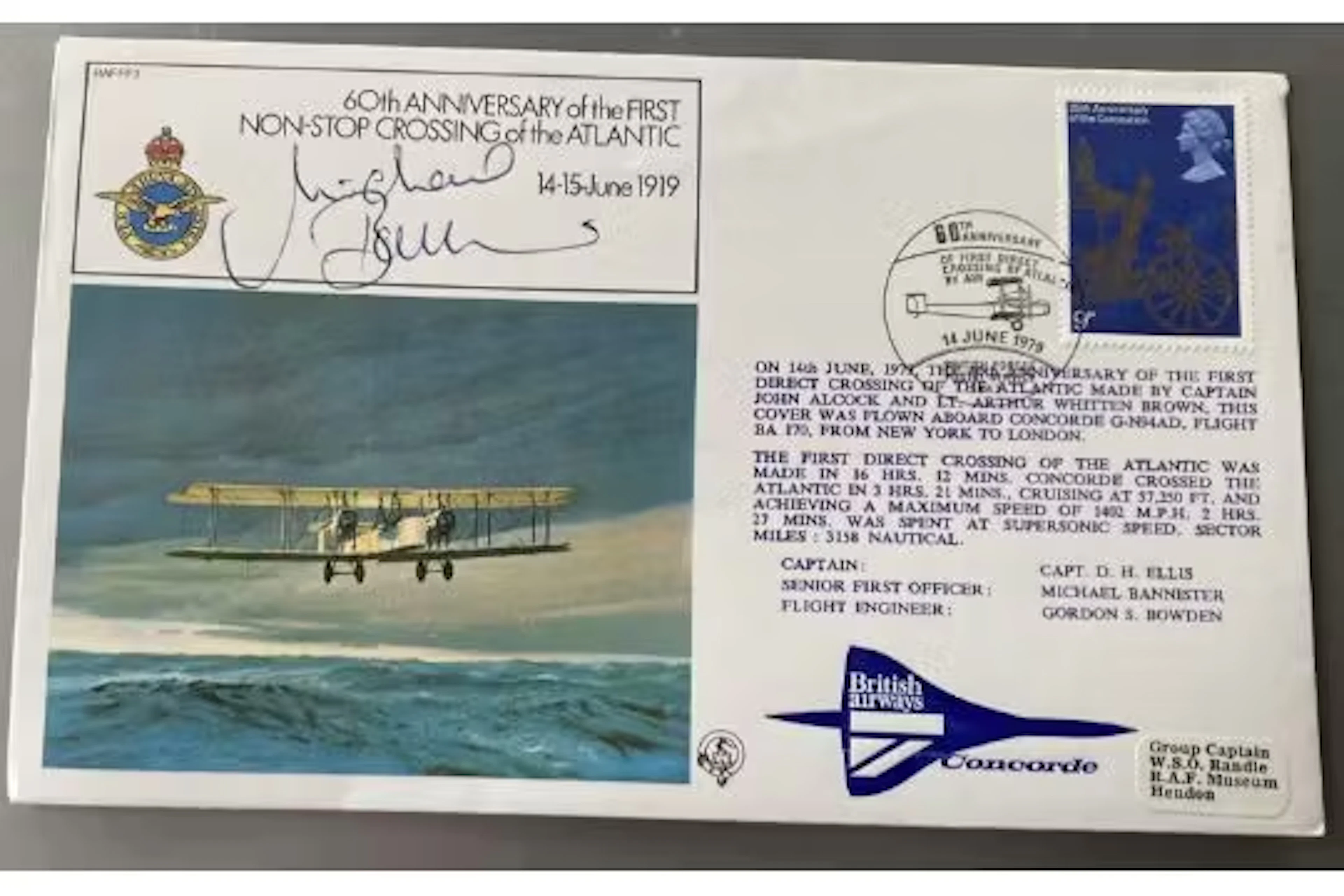 Concorde Capt Mike Banister signed Atlantic Crossing 1st flight cover