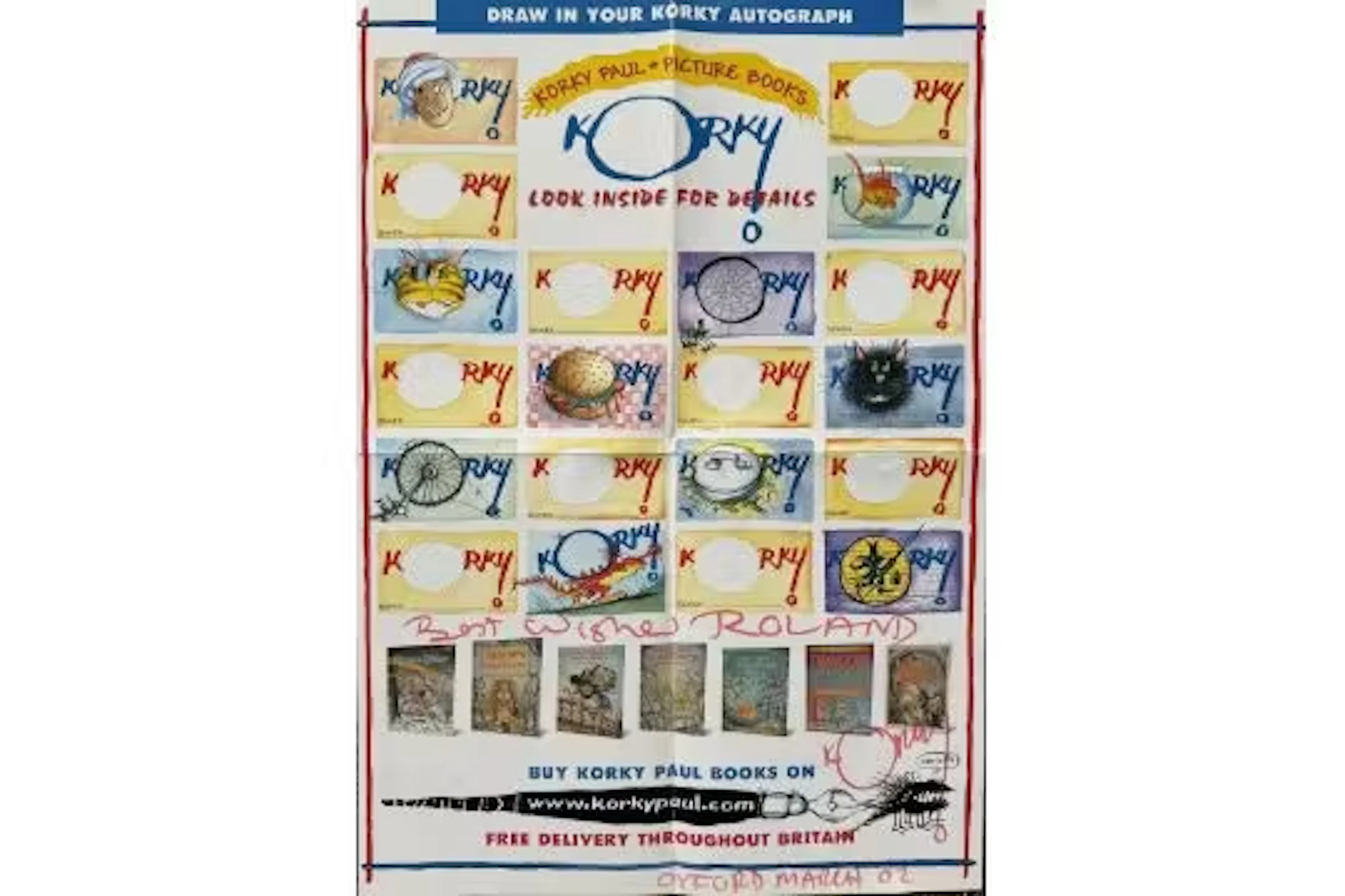 Korky Paul Signed Korky Paul picture books poster, measures 17x23