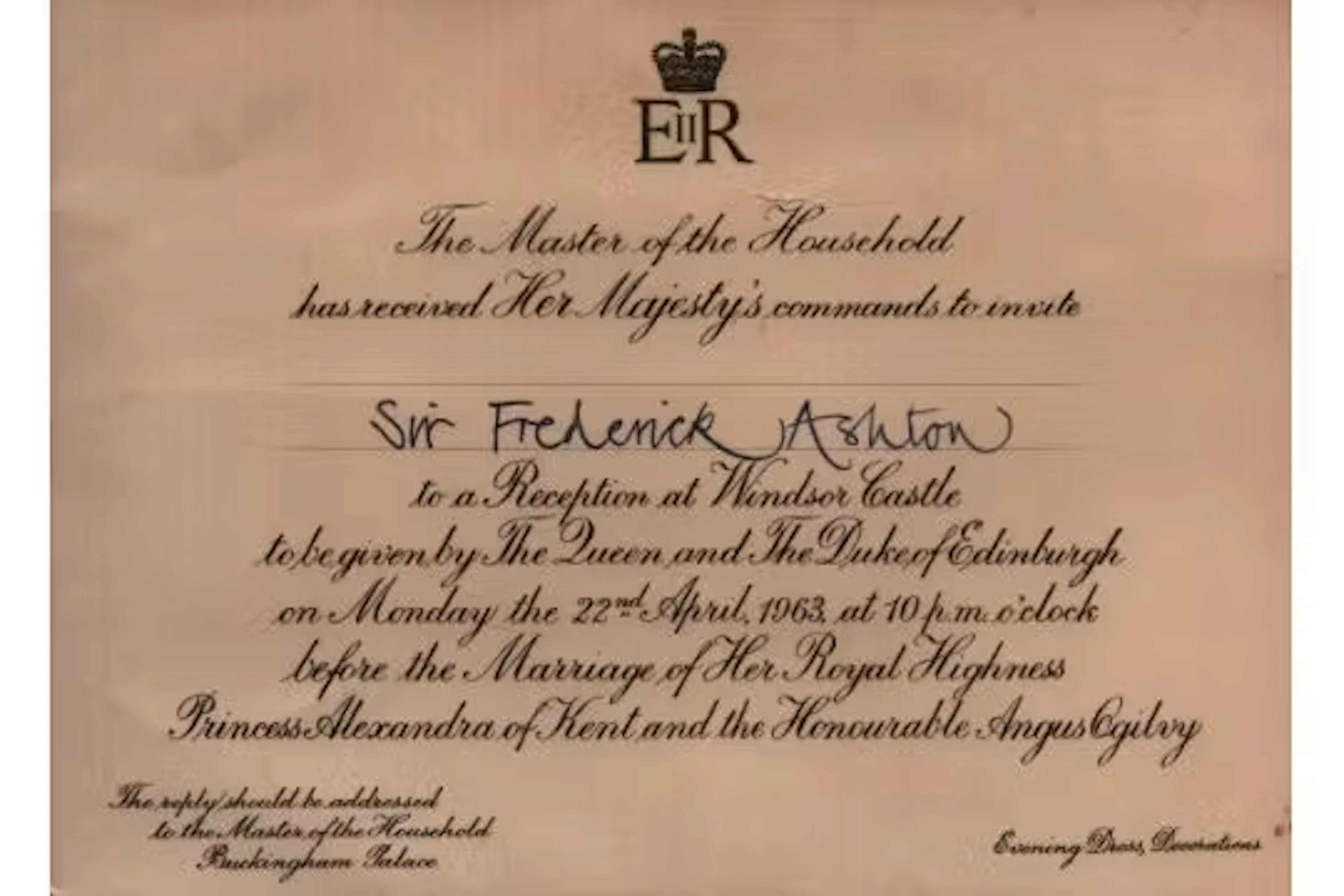 Queen Elizabeth II invitation for Sir Frederick Ashton to a function