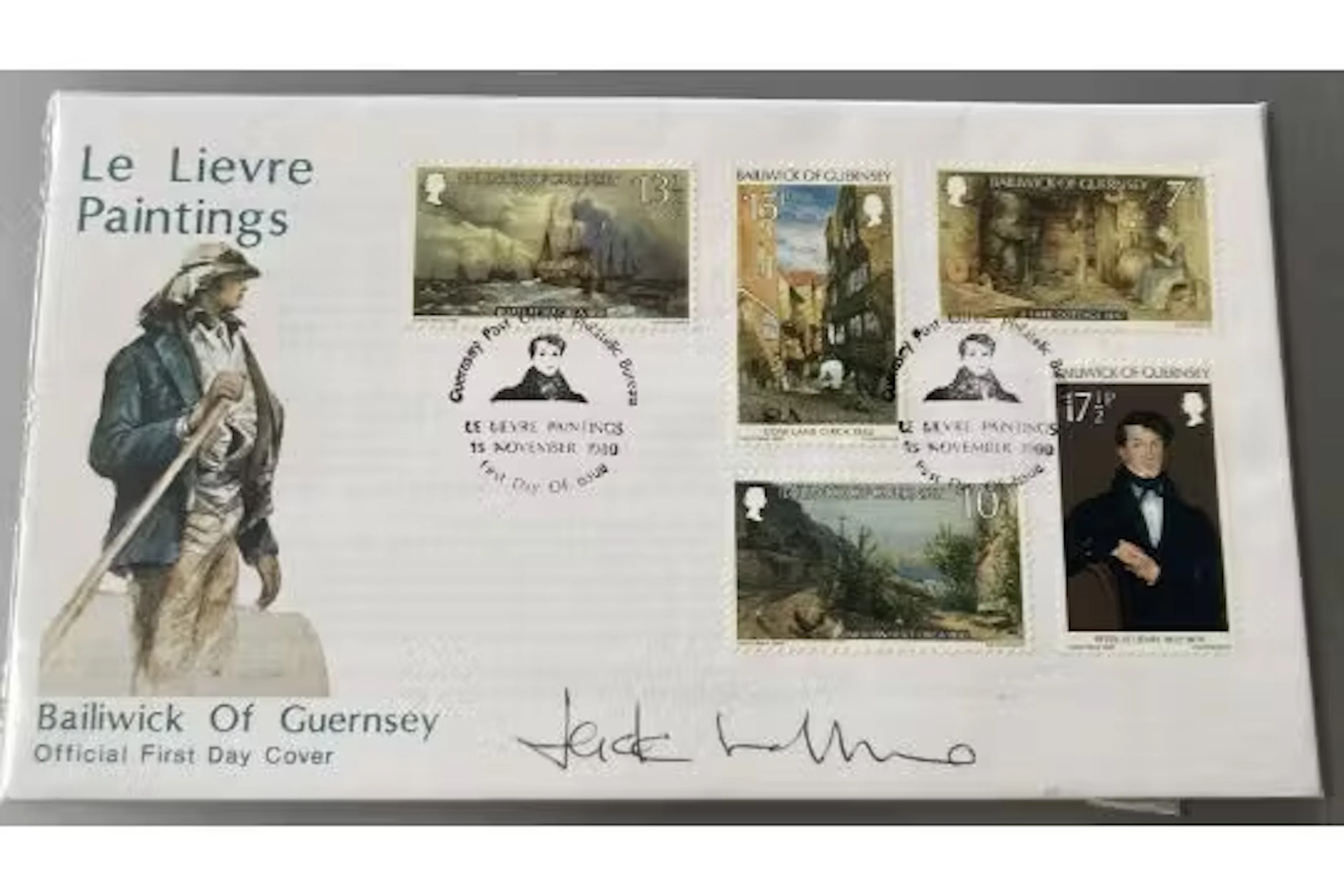 Artist Jack Vetriano signed rare 1980 Guernsey Paintings FDC. Jack
