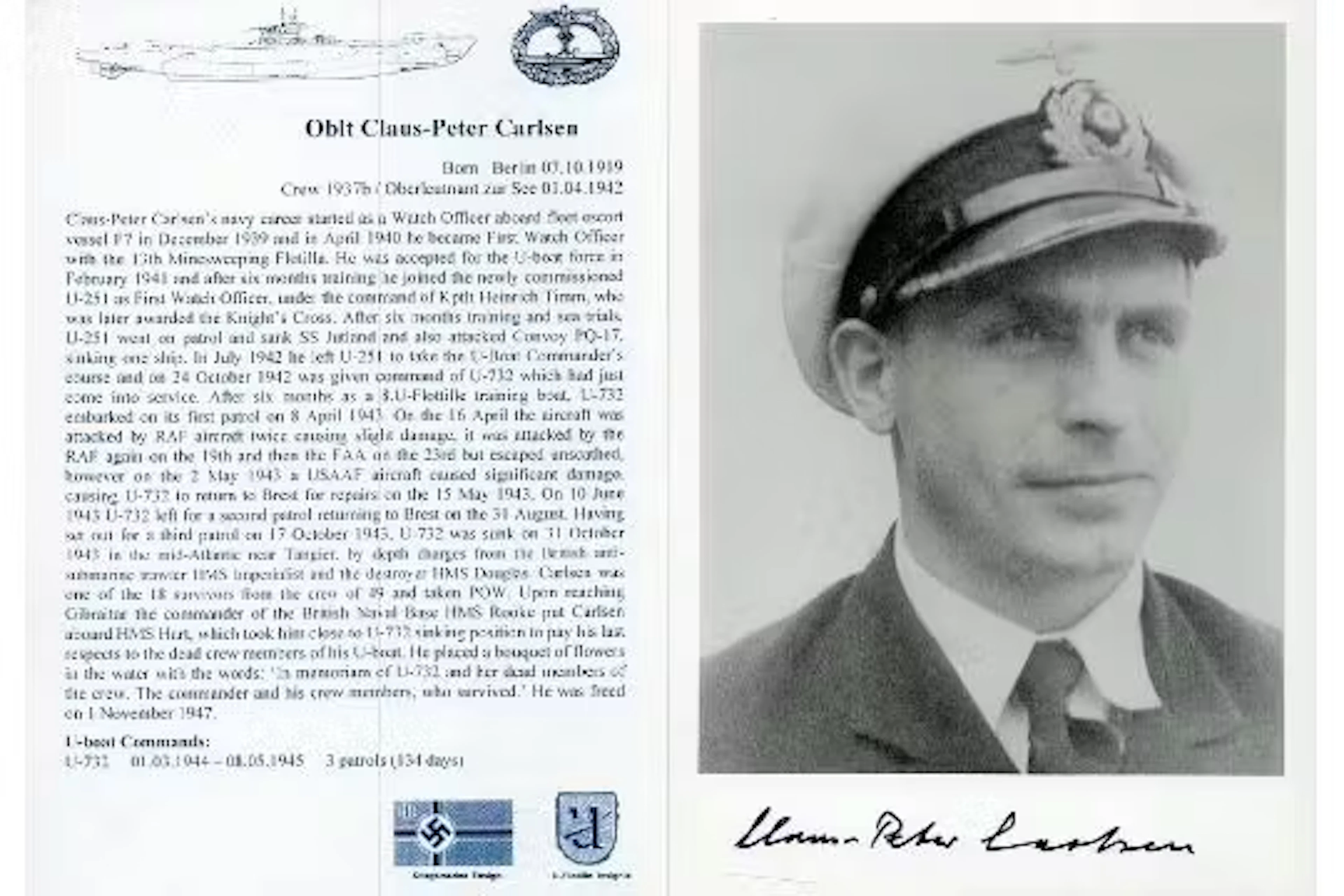 WW2 Uboat Commander Oblt Claus-Peter Carlsen Signed 7 x 5 inch b/w