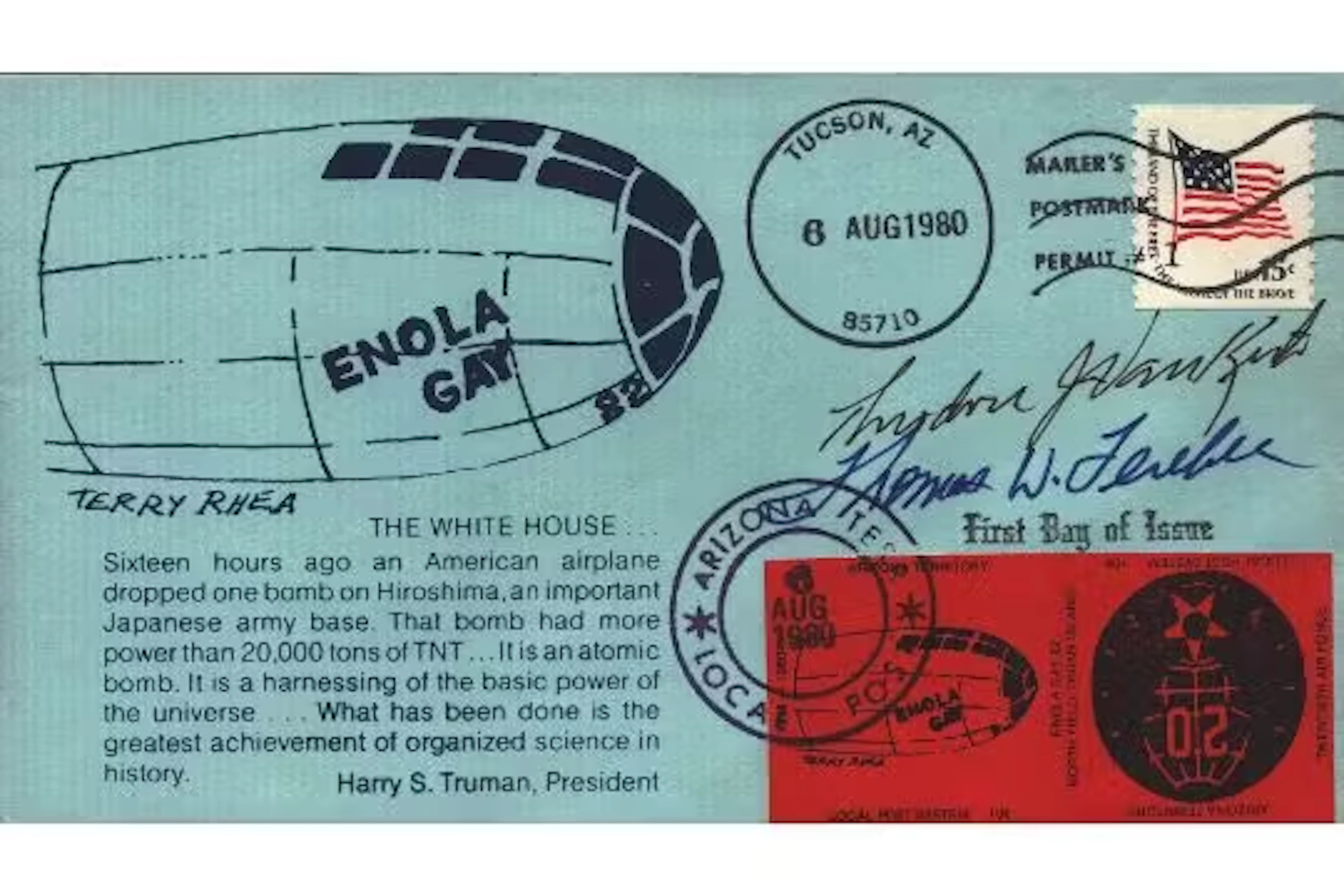 Major Theodore Van Kirk and Colonel Tom Ferebee signed Enola Gay commerative