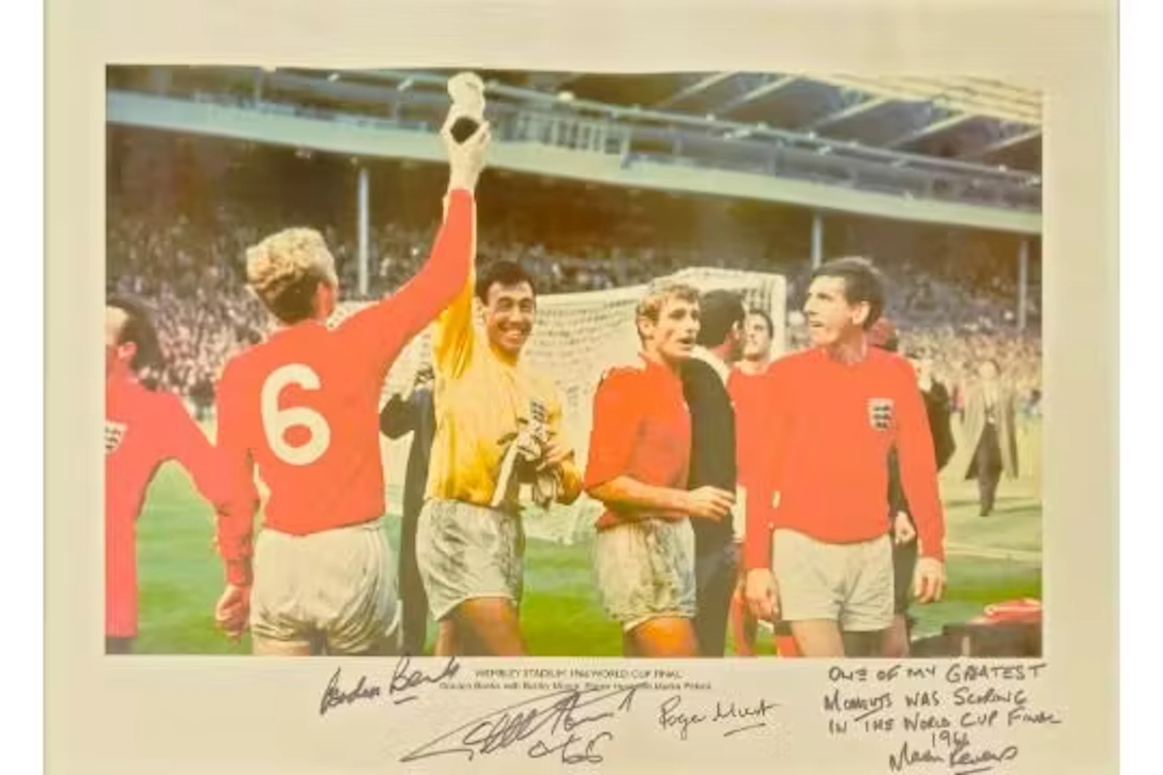 Geoff Hurst, Martin Peters, Gordon Banks and Roger Hunt signed 16x12inch