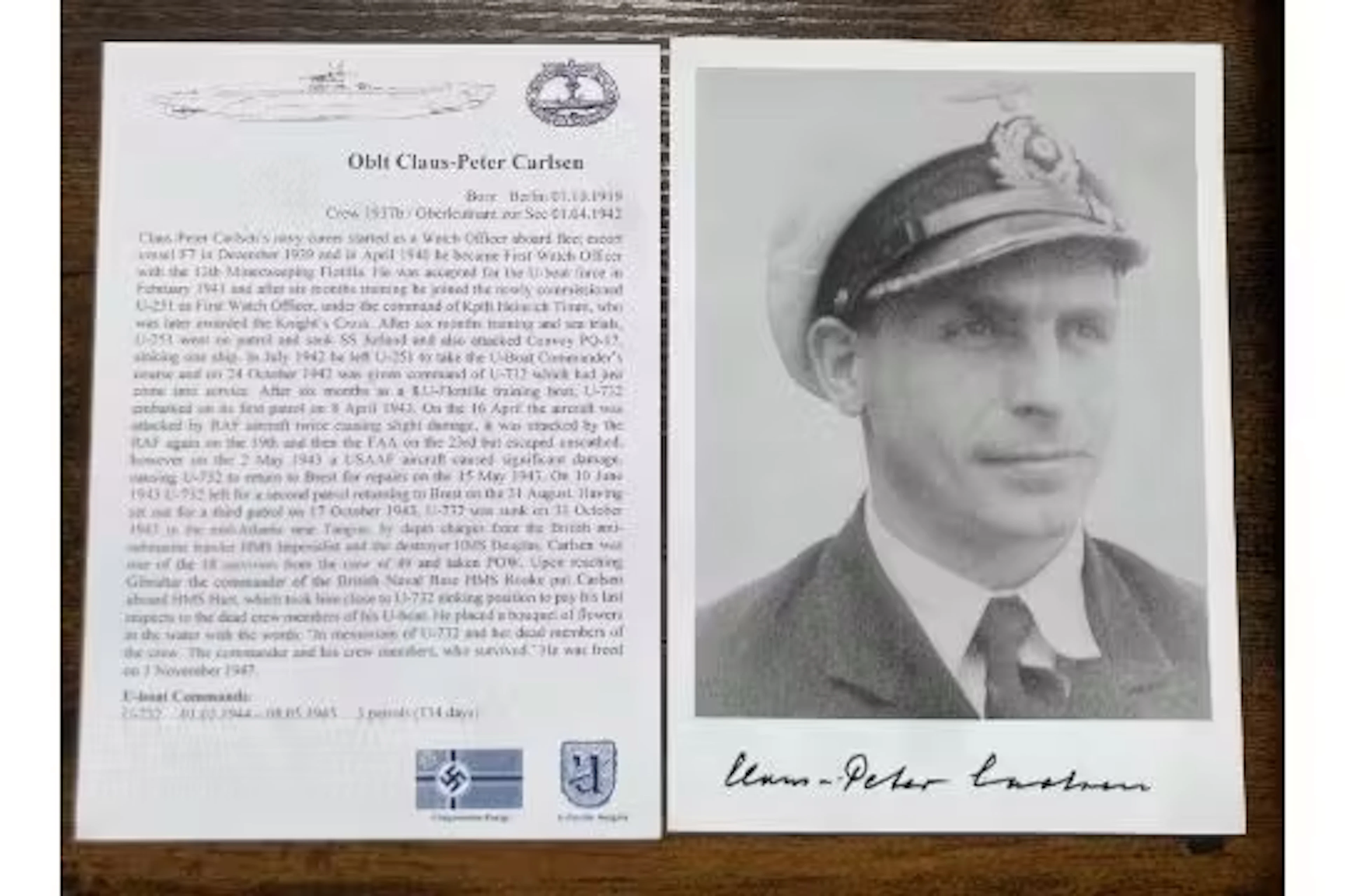 WW2 Oblt Claus-Peter Carlsen U-Boat commander signed photo SP(UB)09