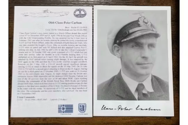 WW2 Oblt Claus-Peter Carlsen U-Boat commander signed photo SP(UB)09