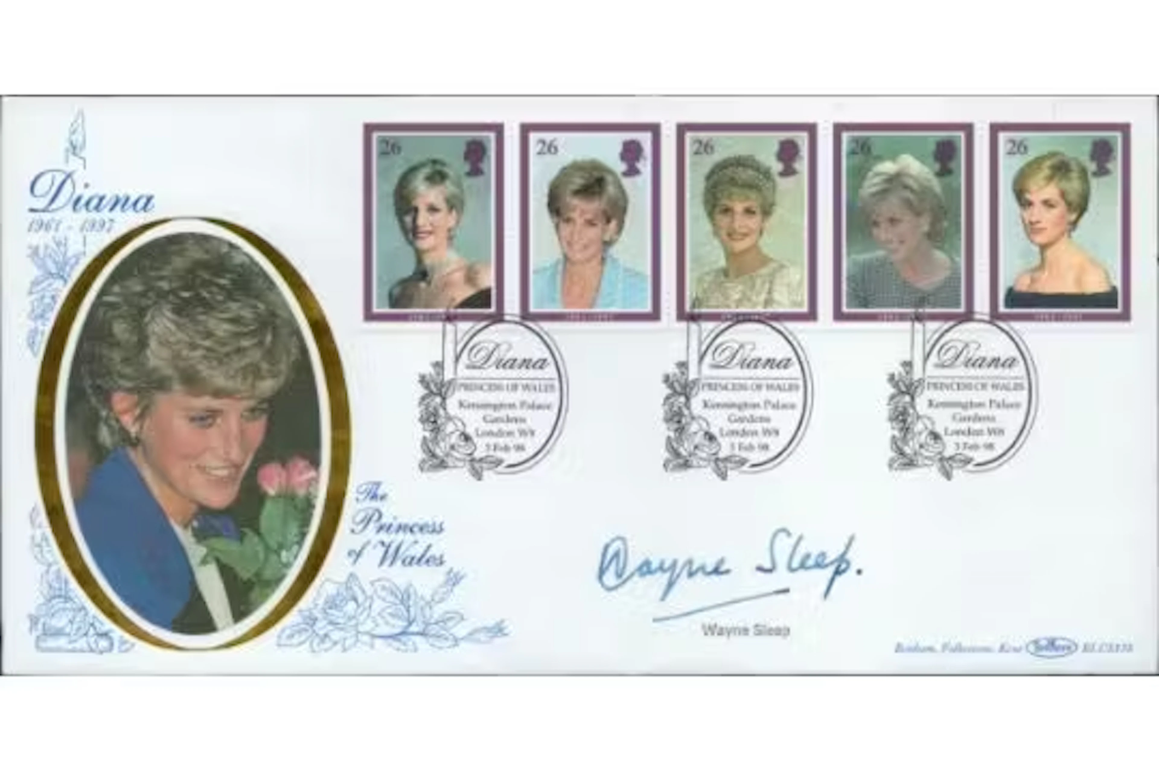 Wayne Sleep signed Diana 1961-1997 Benham FDC Triple PM Diana Princess