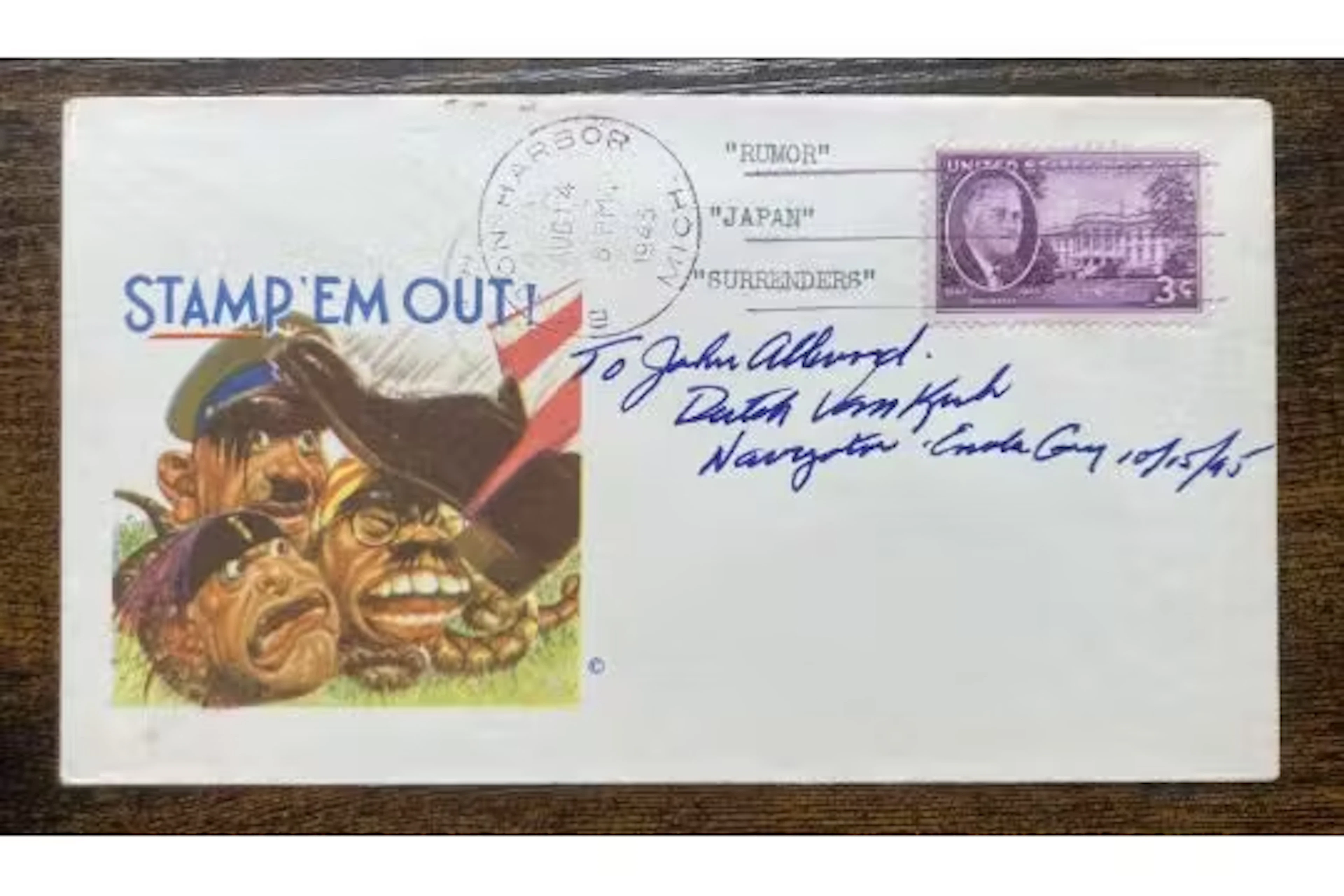 WW2 Atom Bomber Theodore Dutch Van Kirk signed rare 1945 US FDC, Enola