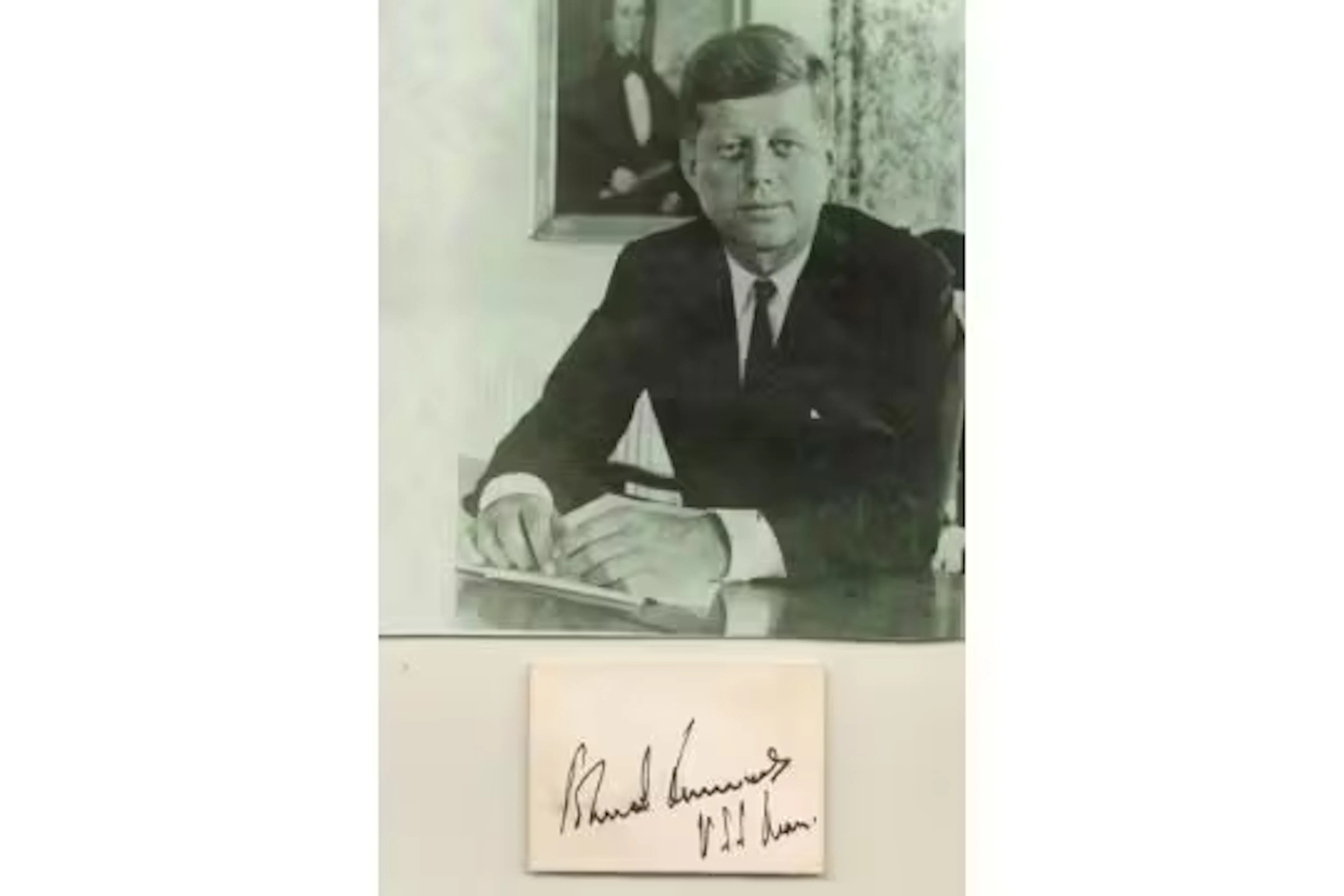 John F. Kennedy signed 2x2inch white card with accompanying 5x5inch