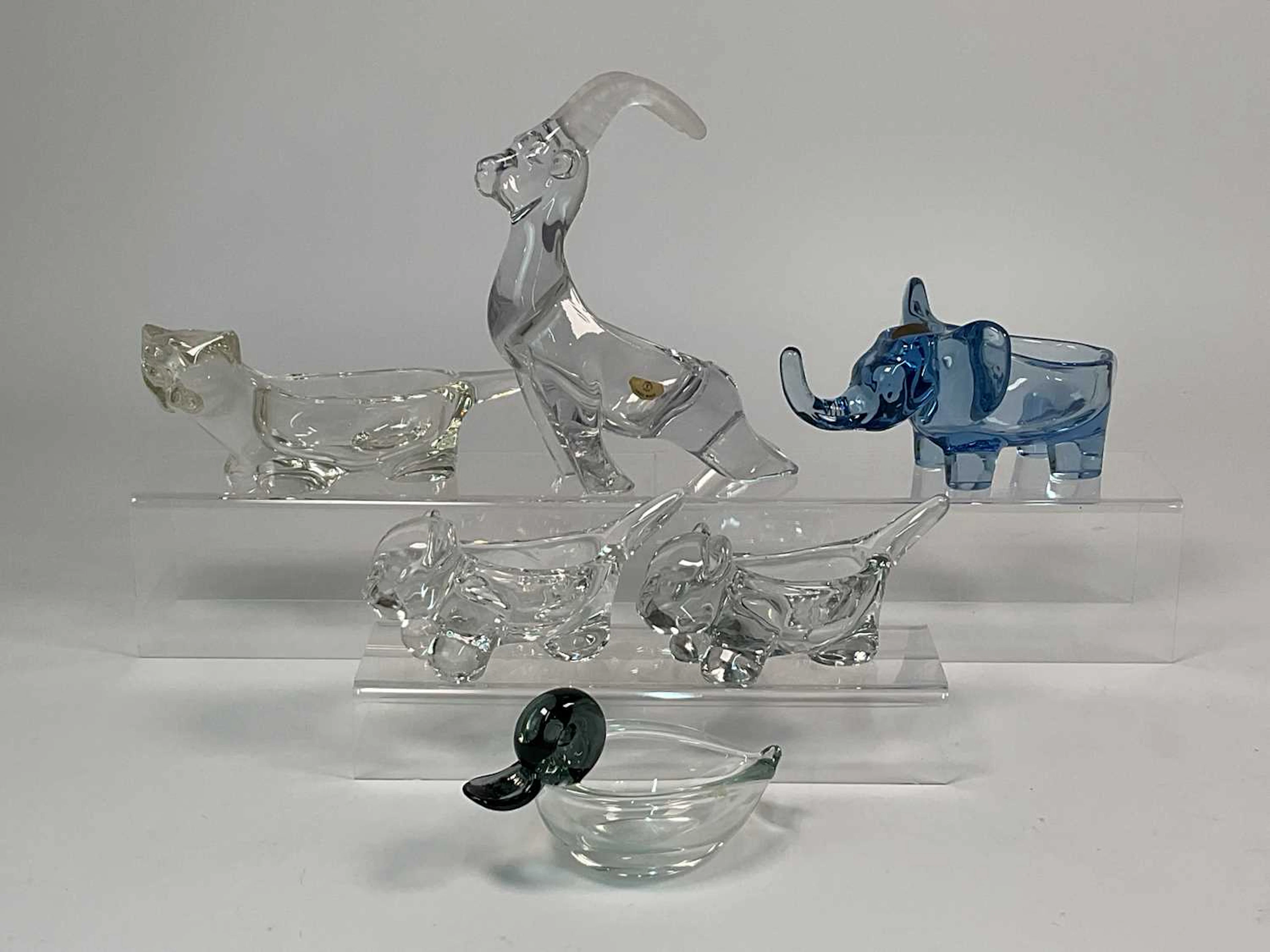 Six crystal glass sculptural animals comprising of a goat