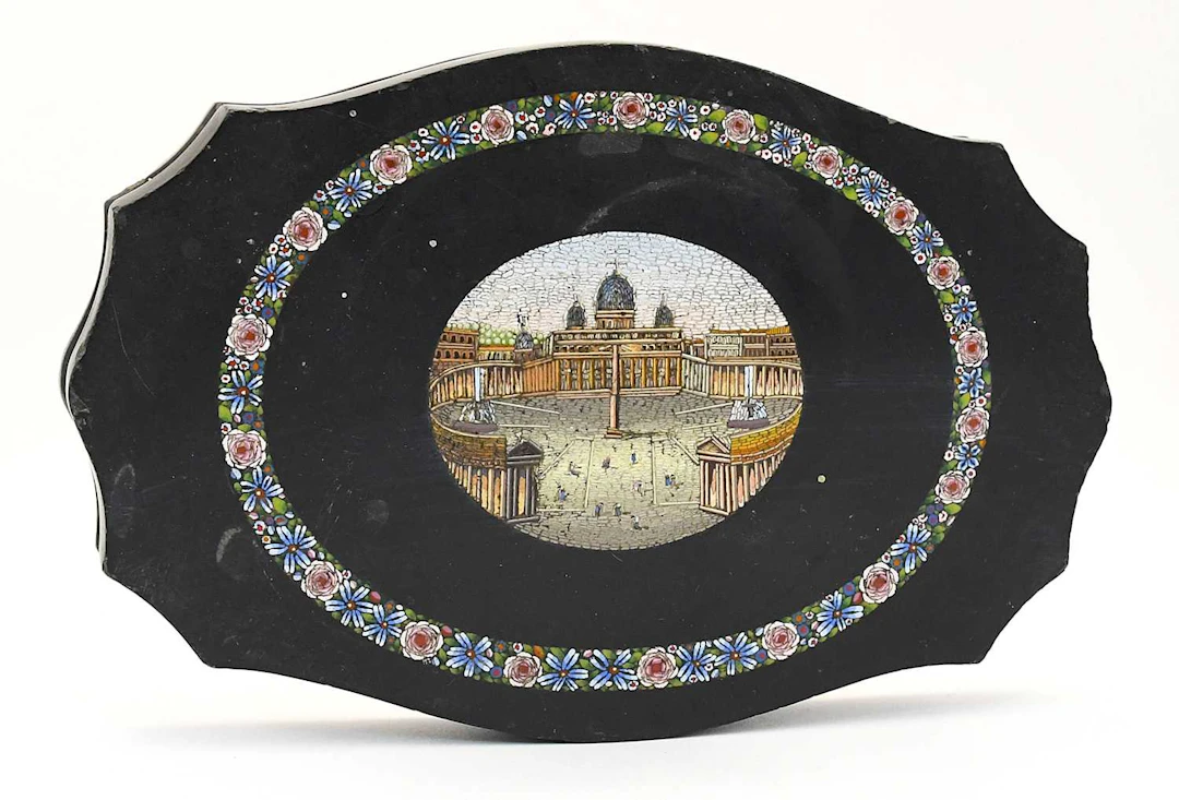 A 19th century Italian Grand Tour black slate micromosaic panel/paperweight