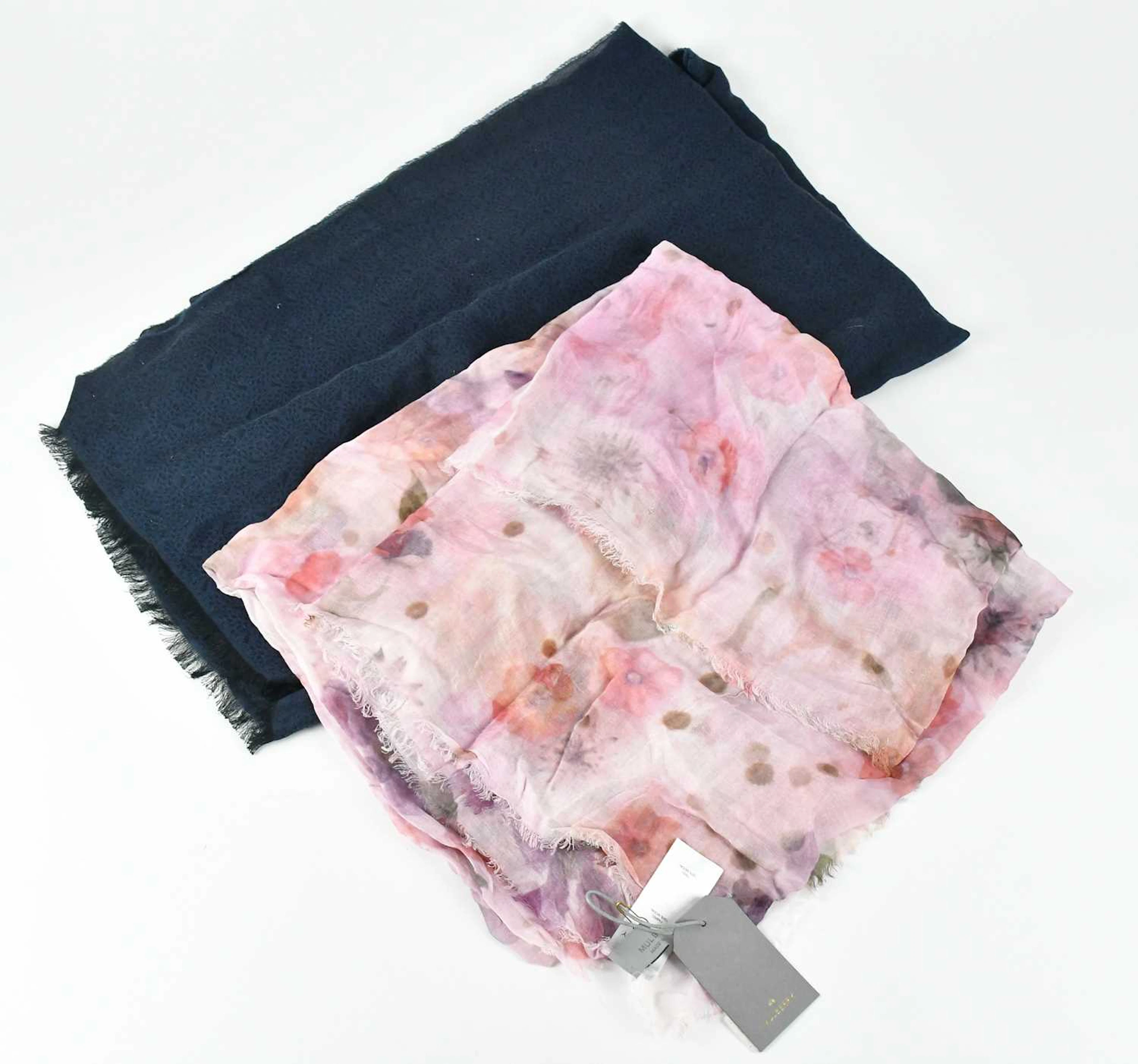 MULBERRY; a navy blue and black 100% wool scarf depicting...