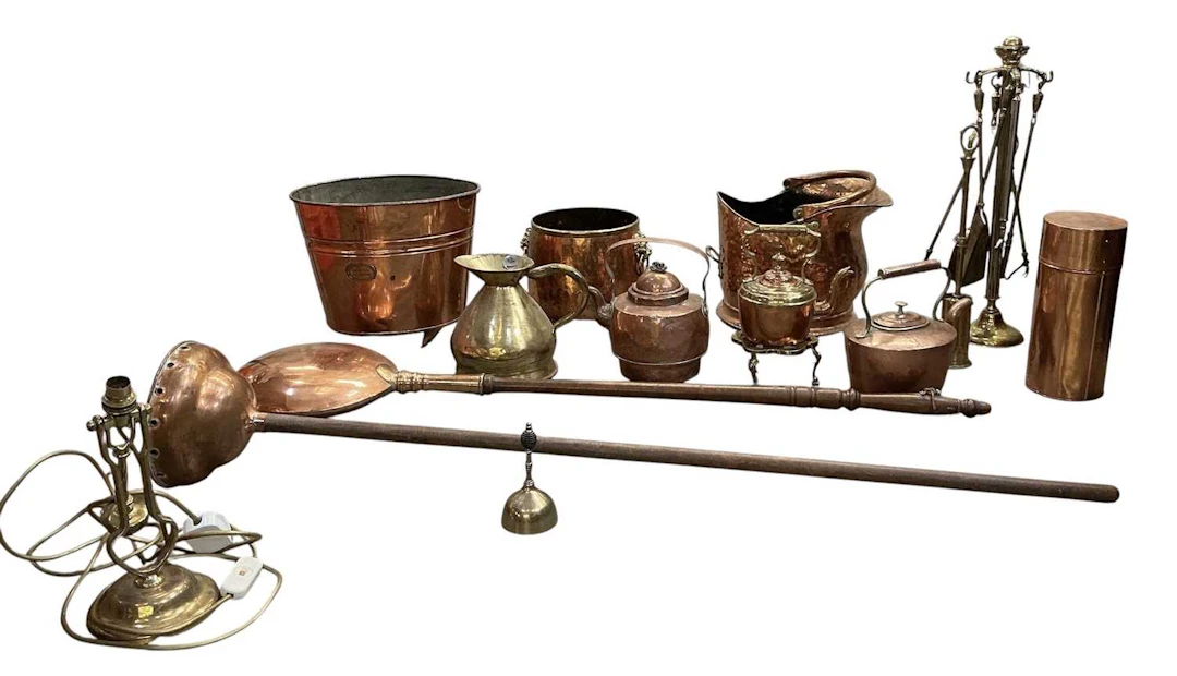 A large quantity of assorted metalware including bed warming pan