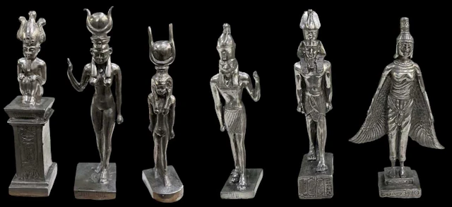 Six assorted Egyptian Revival pewter figures