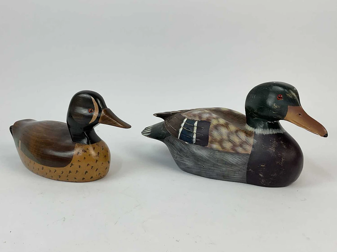 GRAHAM TROUT FLIES; a painted wooden model of a decoy duck