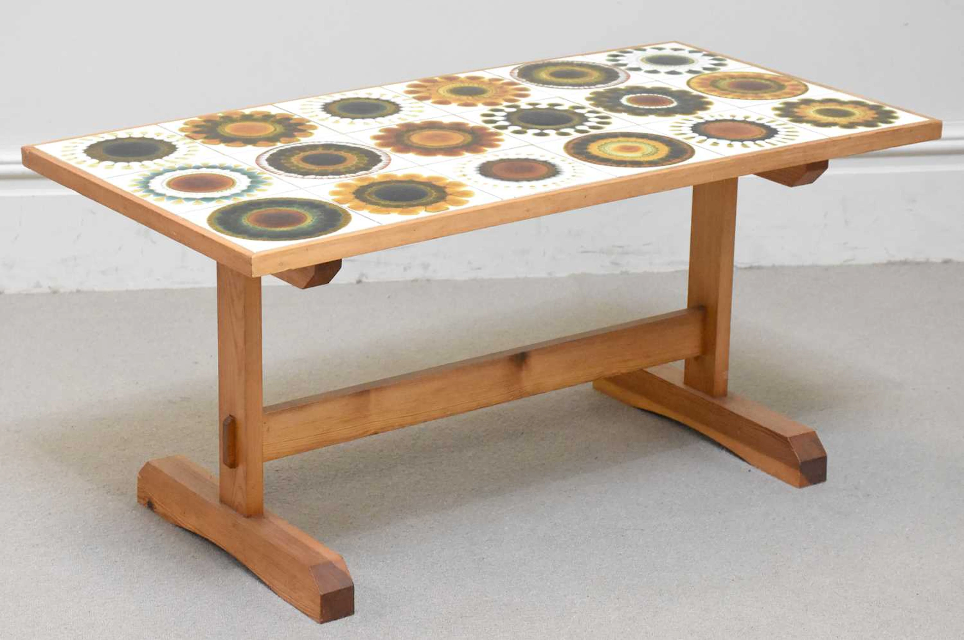 A contemporary pine coffee table