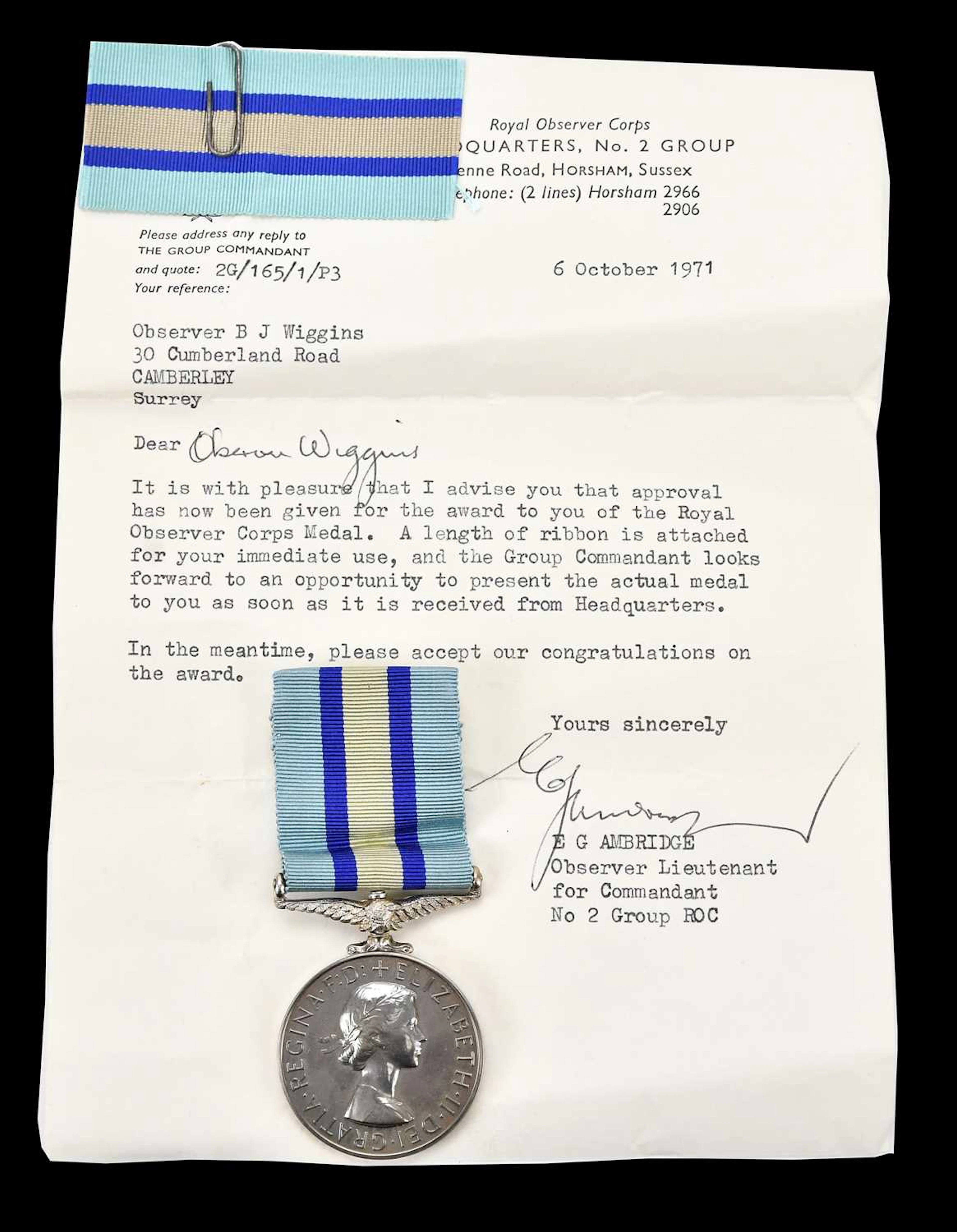 An Elizabeth II Royal Observer Corps Medal