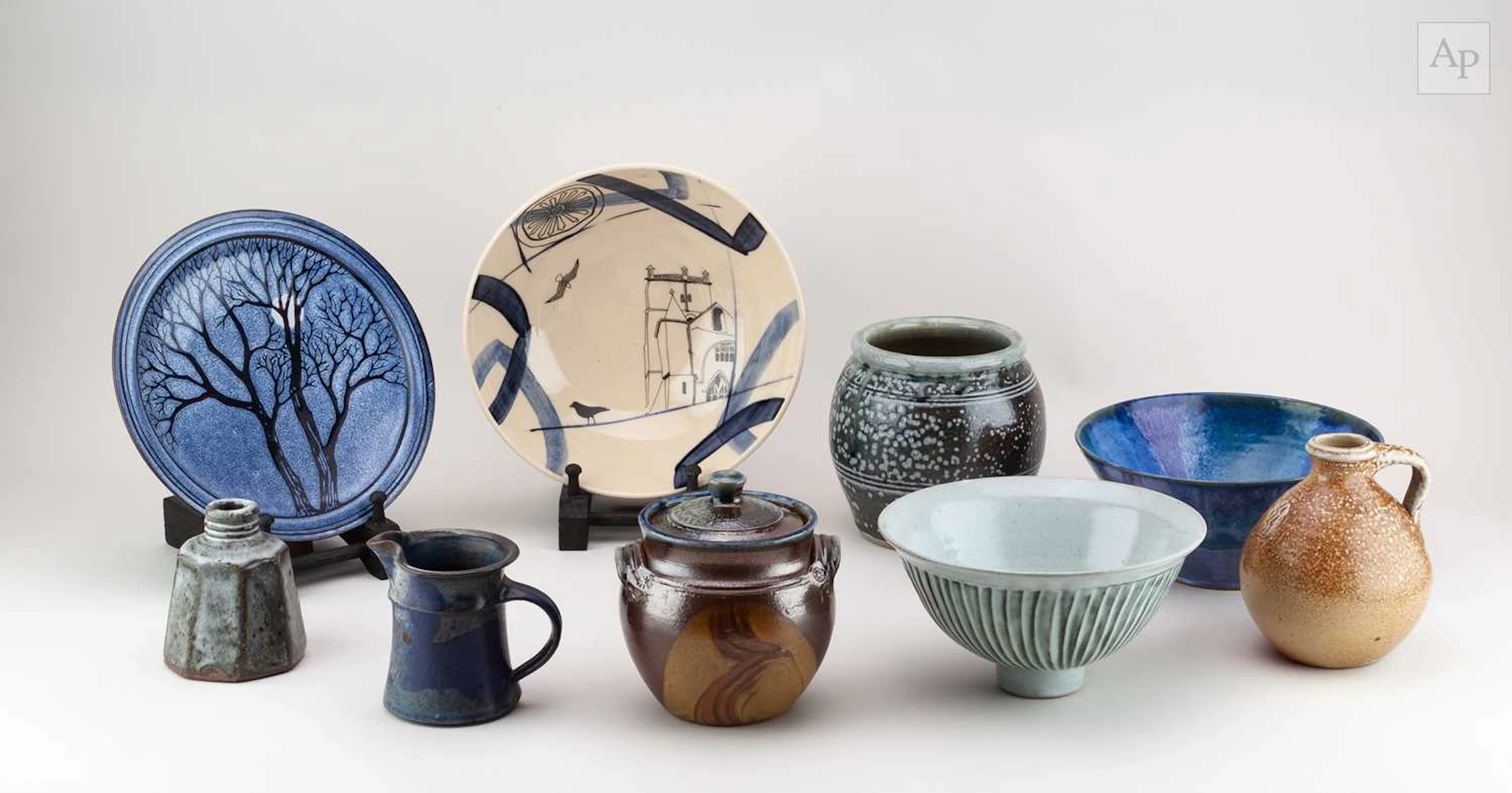 A group of stoneware ceramics by different makers including Dan Wright