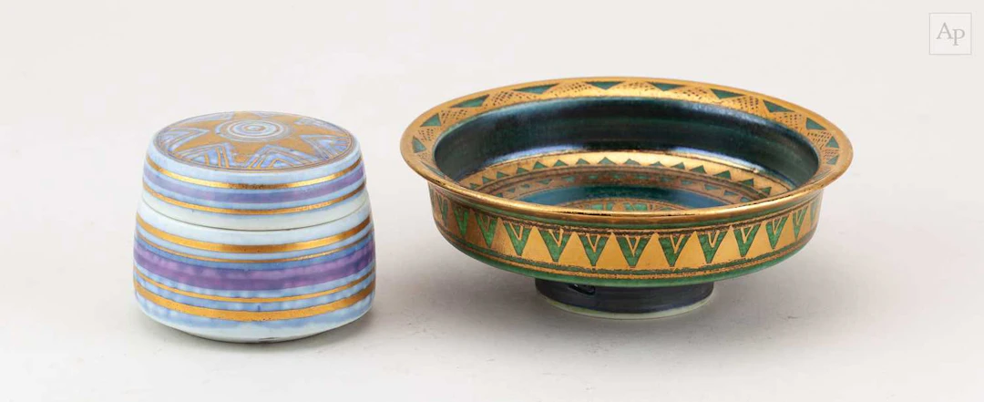 MARY RICH (1940-2022); a porcelain dish with gilded bands...
