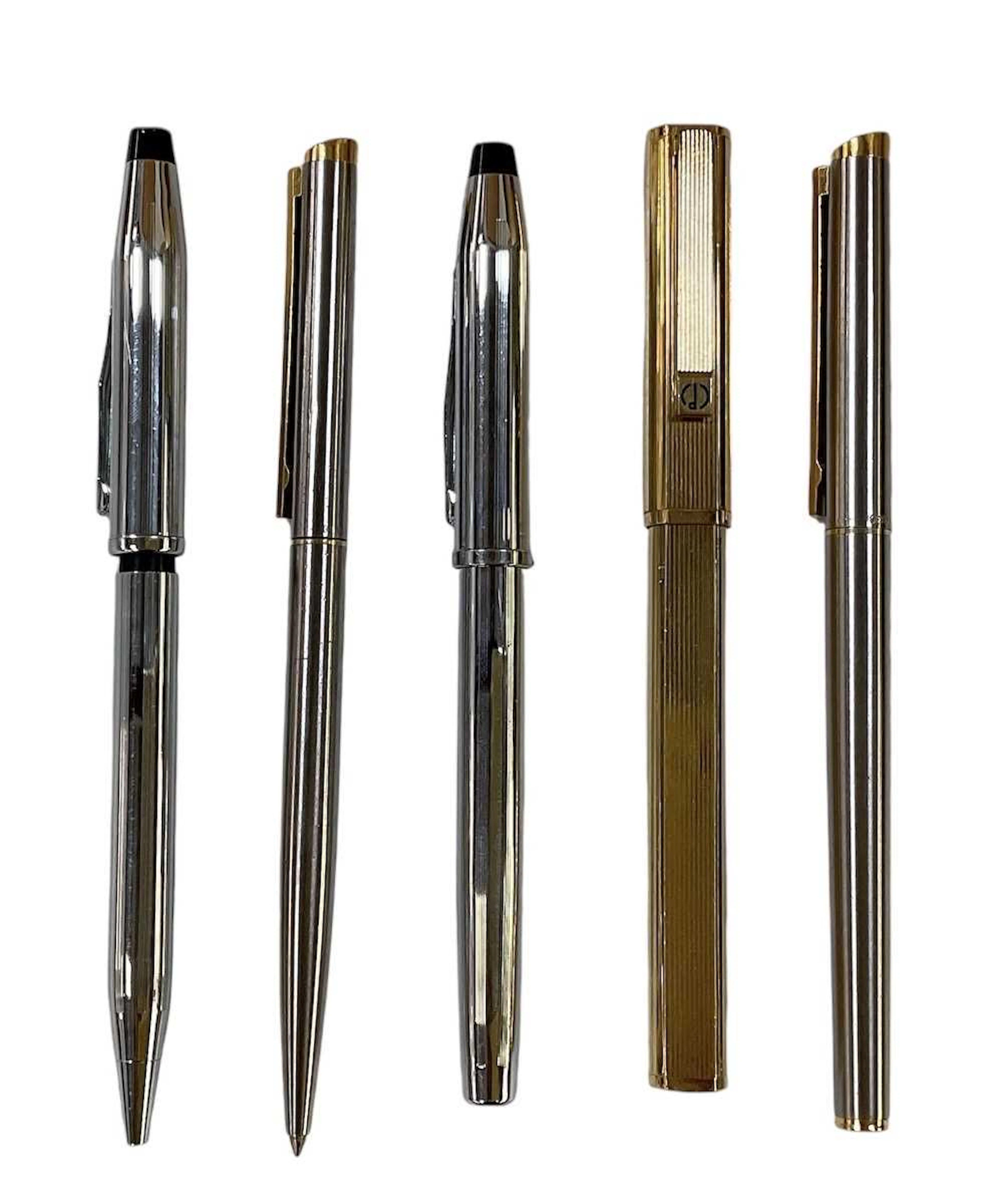Five various pens comprising a gold plated Dunhill fountain pen