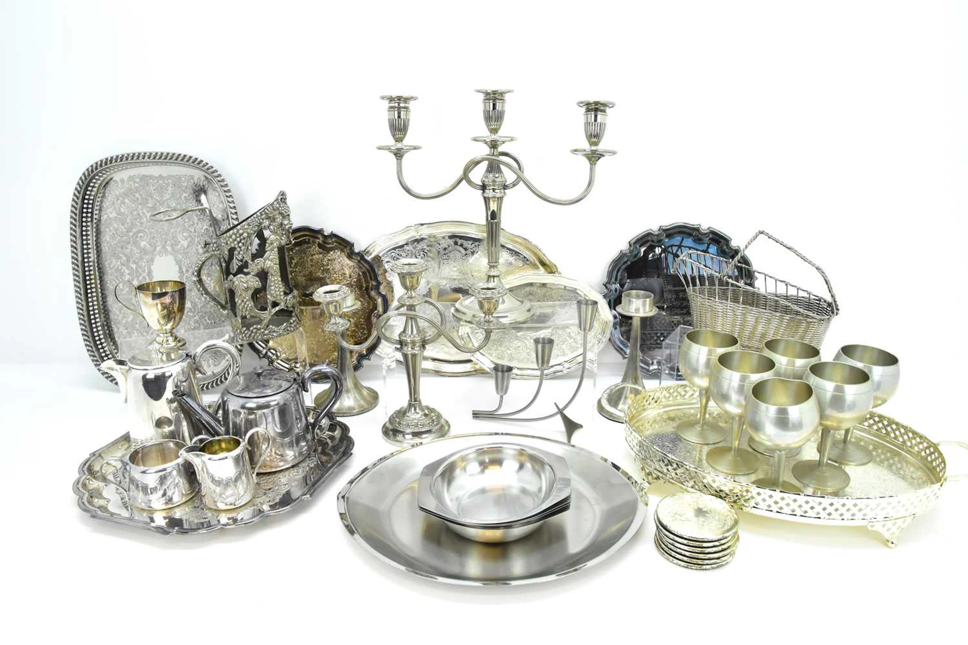 A collection of various items of silver plate including trays