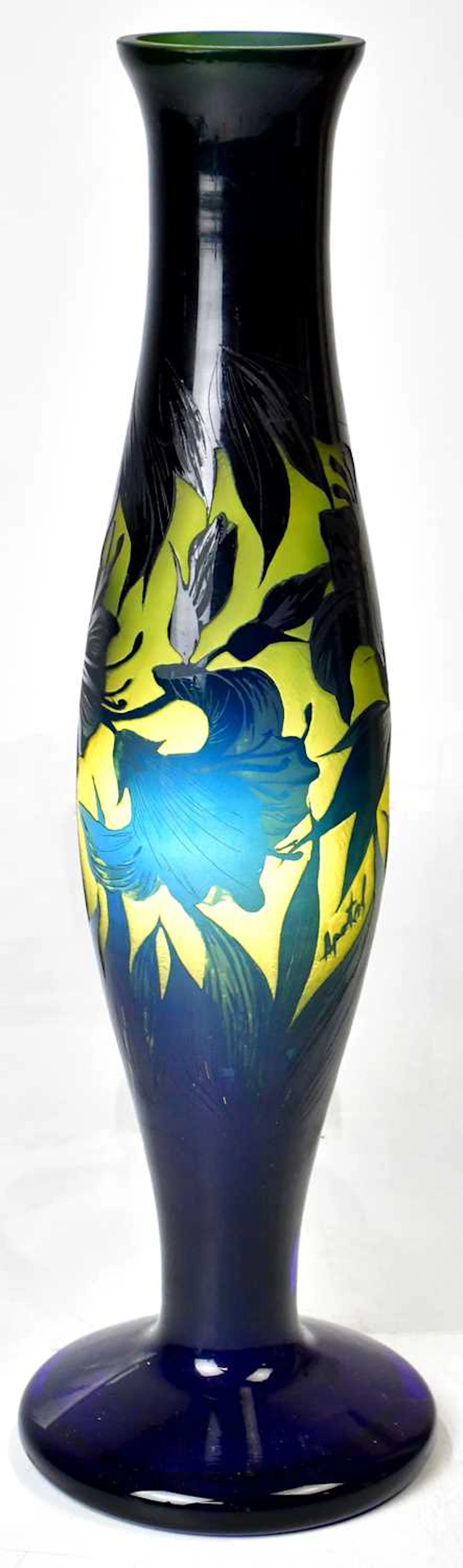 APOSTOL; a French Art Nouveau style blue and yellow cameo vase of slender form