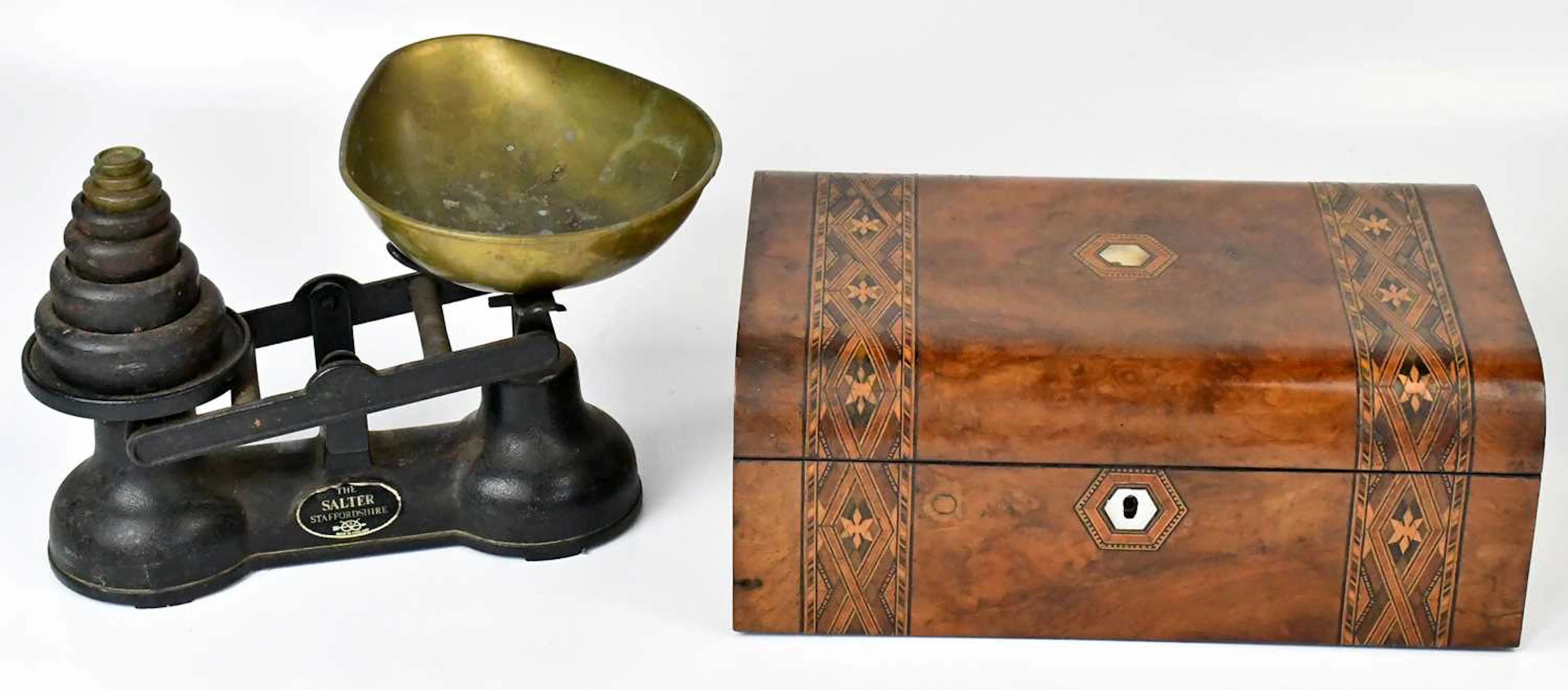 A Victorian walnut Tonbridge ware box with geometric...