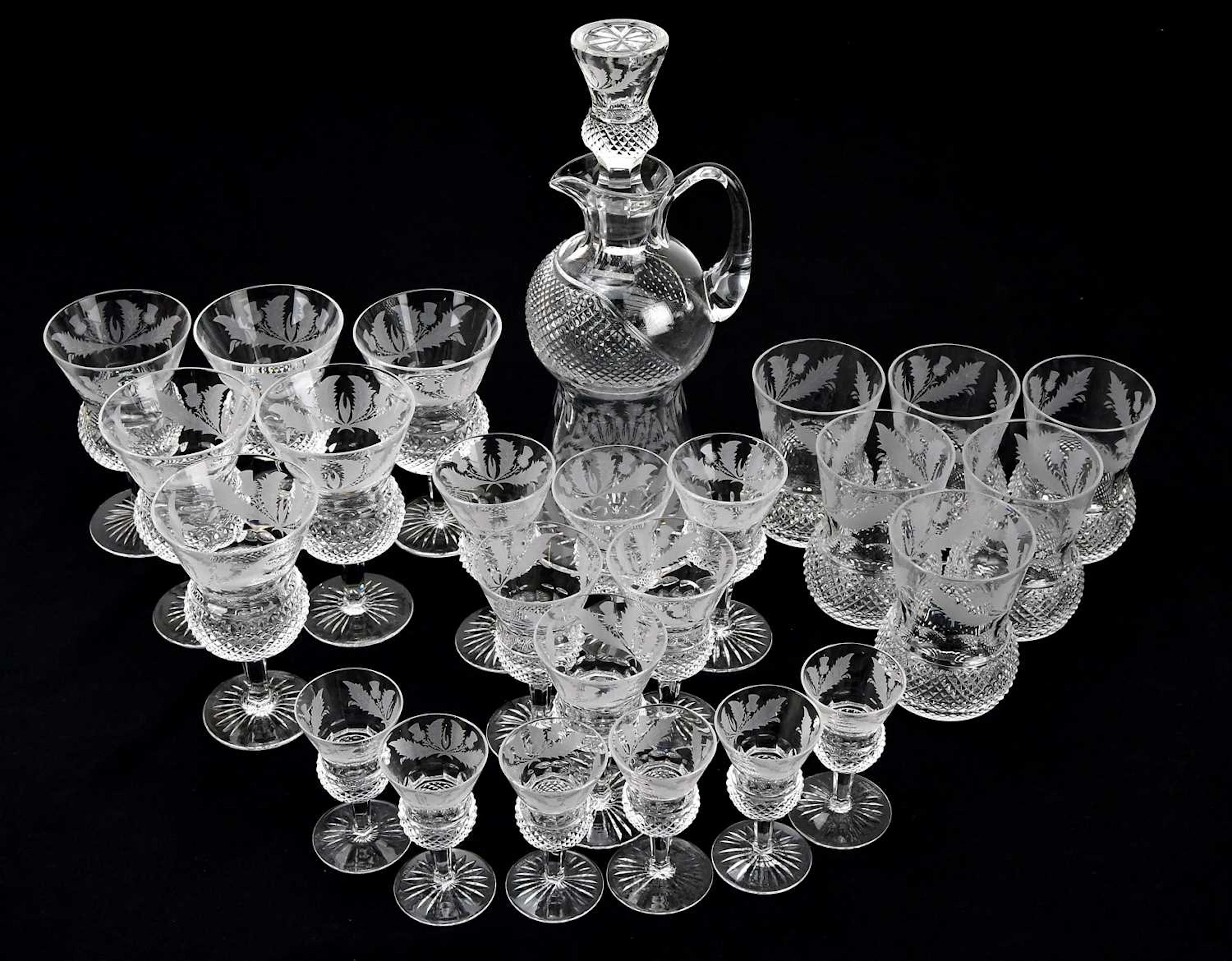 EDINBURGH CRYSTAL; a collection of Thistle glasses with etched decoration