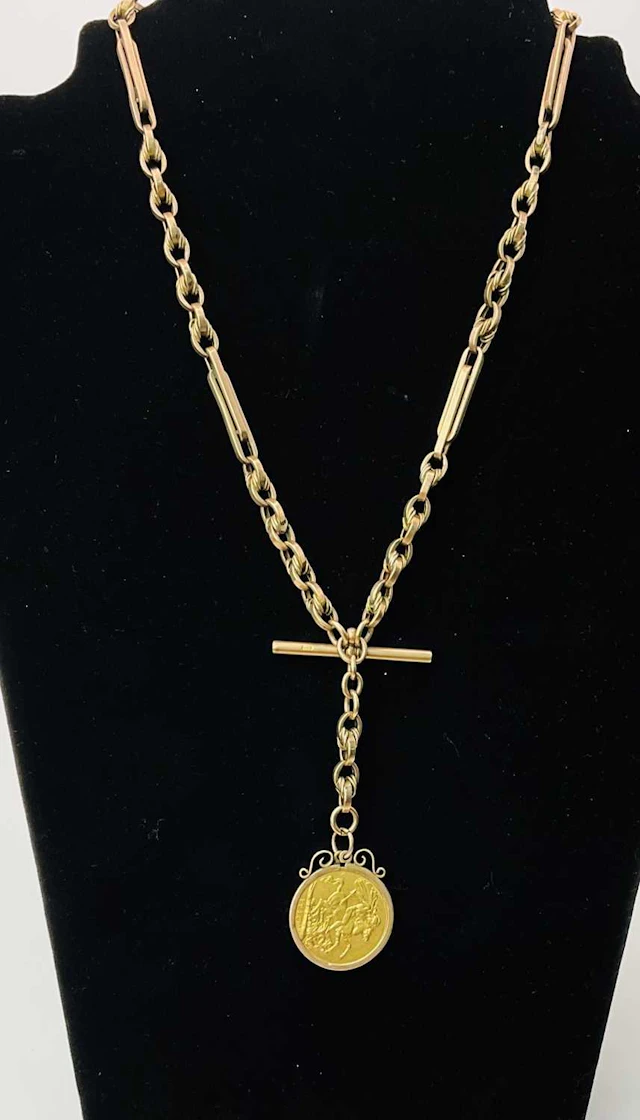 A 9ct yellow gold Albert watch chain with T bar