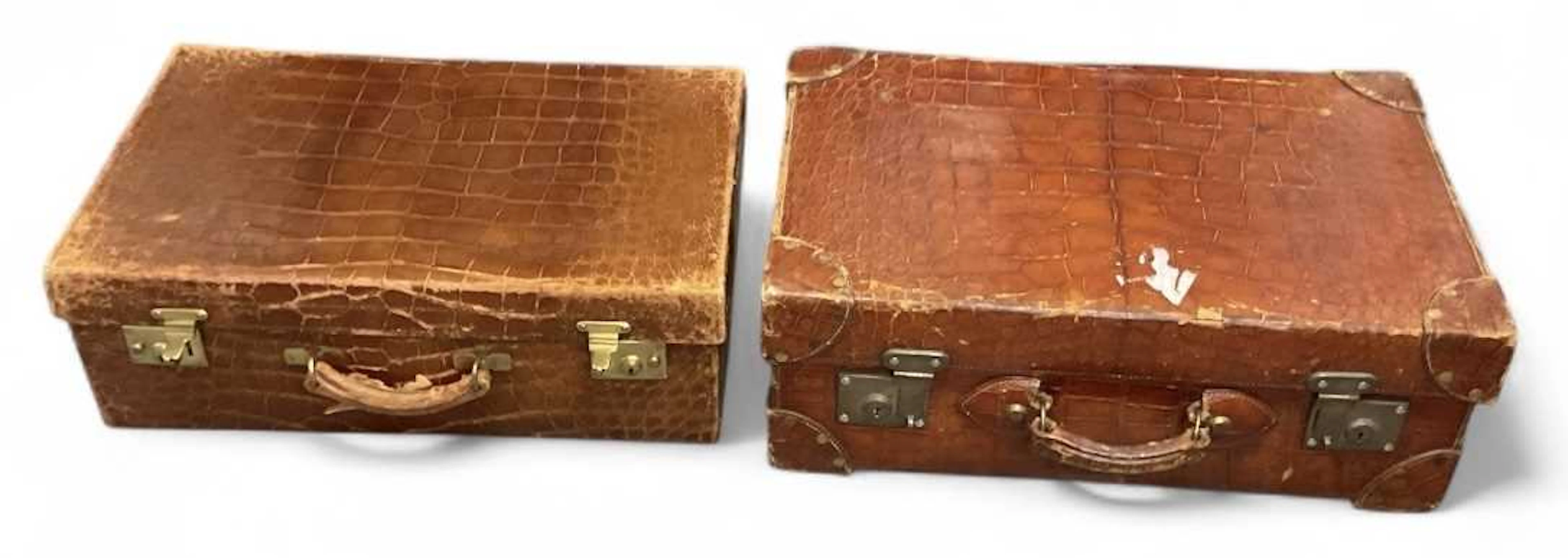 Two vintage alligator/crocodile skin leather suitcases