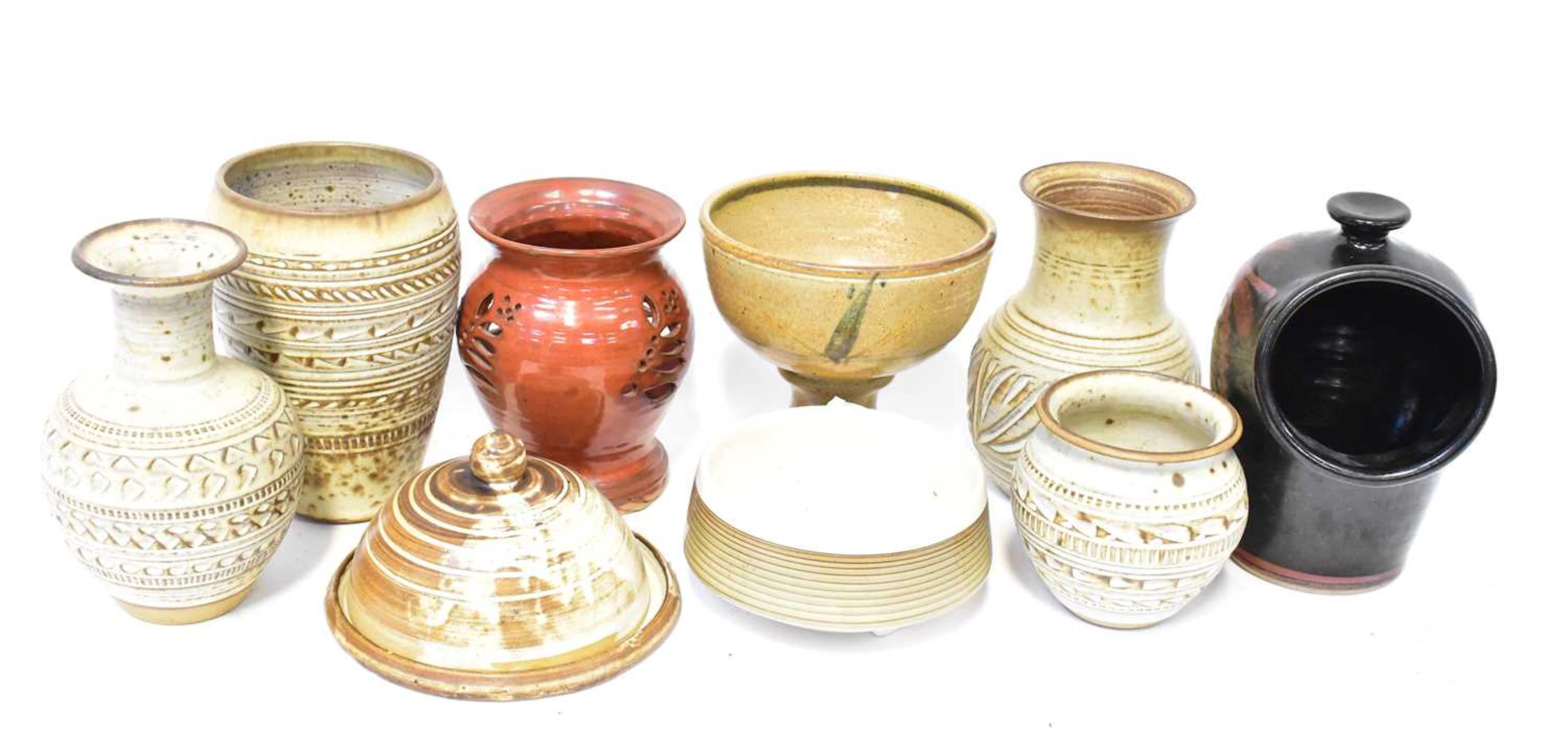 A collection of studio pottery including vases