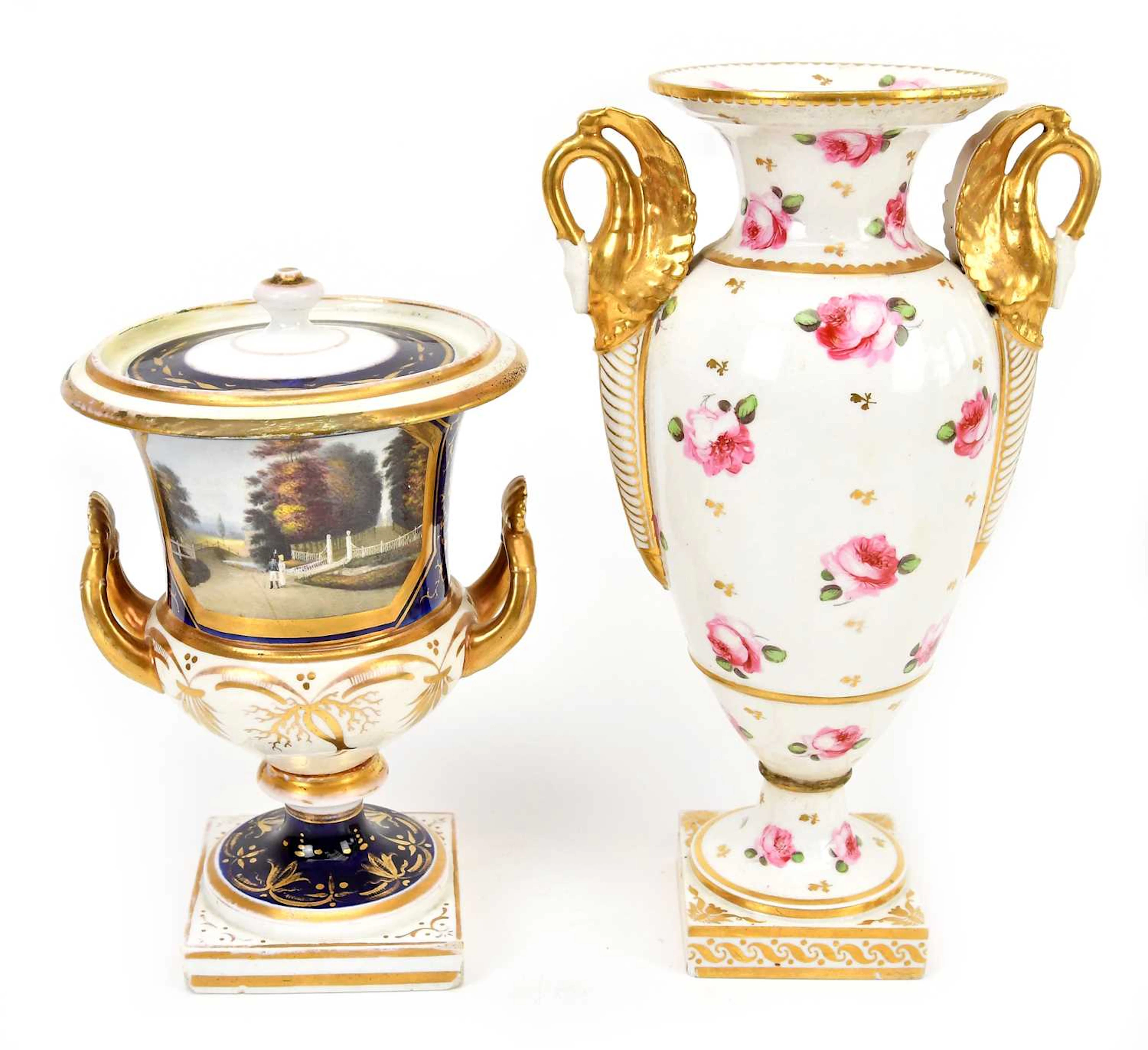 DERBY; a 19th century hand painted pedestal twin handled vase
