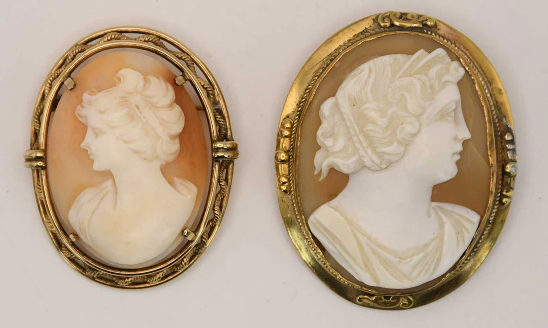 Two early 20th century gold plated oval portrait cameo brooches